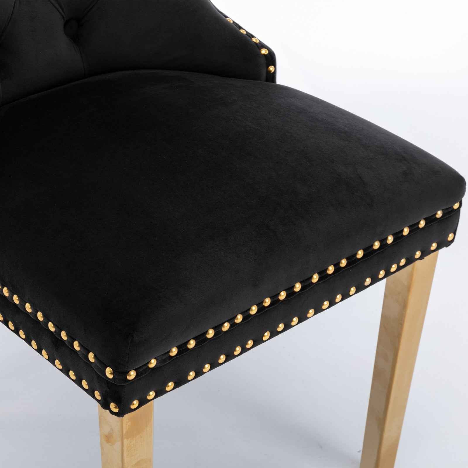 A&A Furniture,Nikki Collection Modern, High-end Tufted Solid Wood Contemporary Velvet Upholstered Dining Chair with Golden Stainless Steel Plating Legs,Nailhead Trim,Set of 2,Black and Gold, SW1601BK