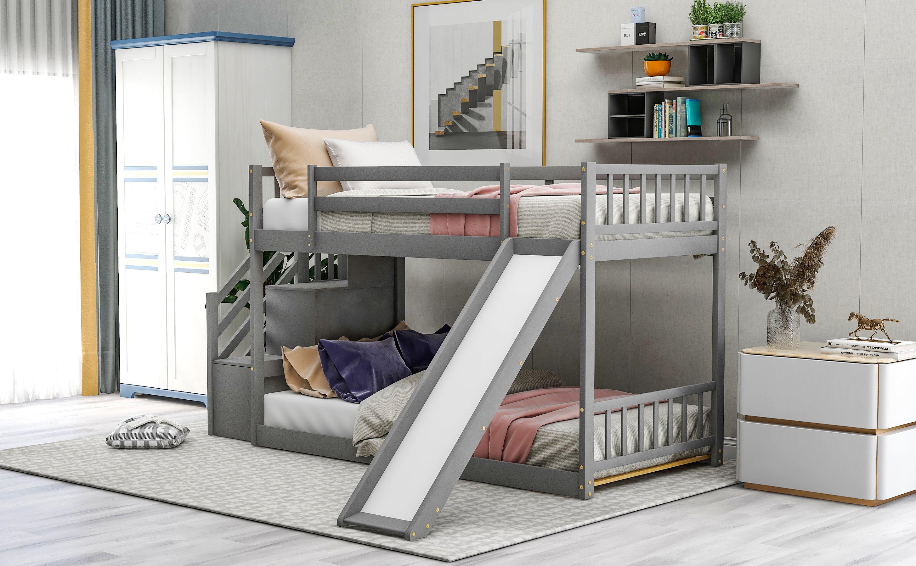 Twin over Twin Bunk Bed with Convertible Slide and Stairway, Gray - Abrihome