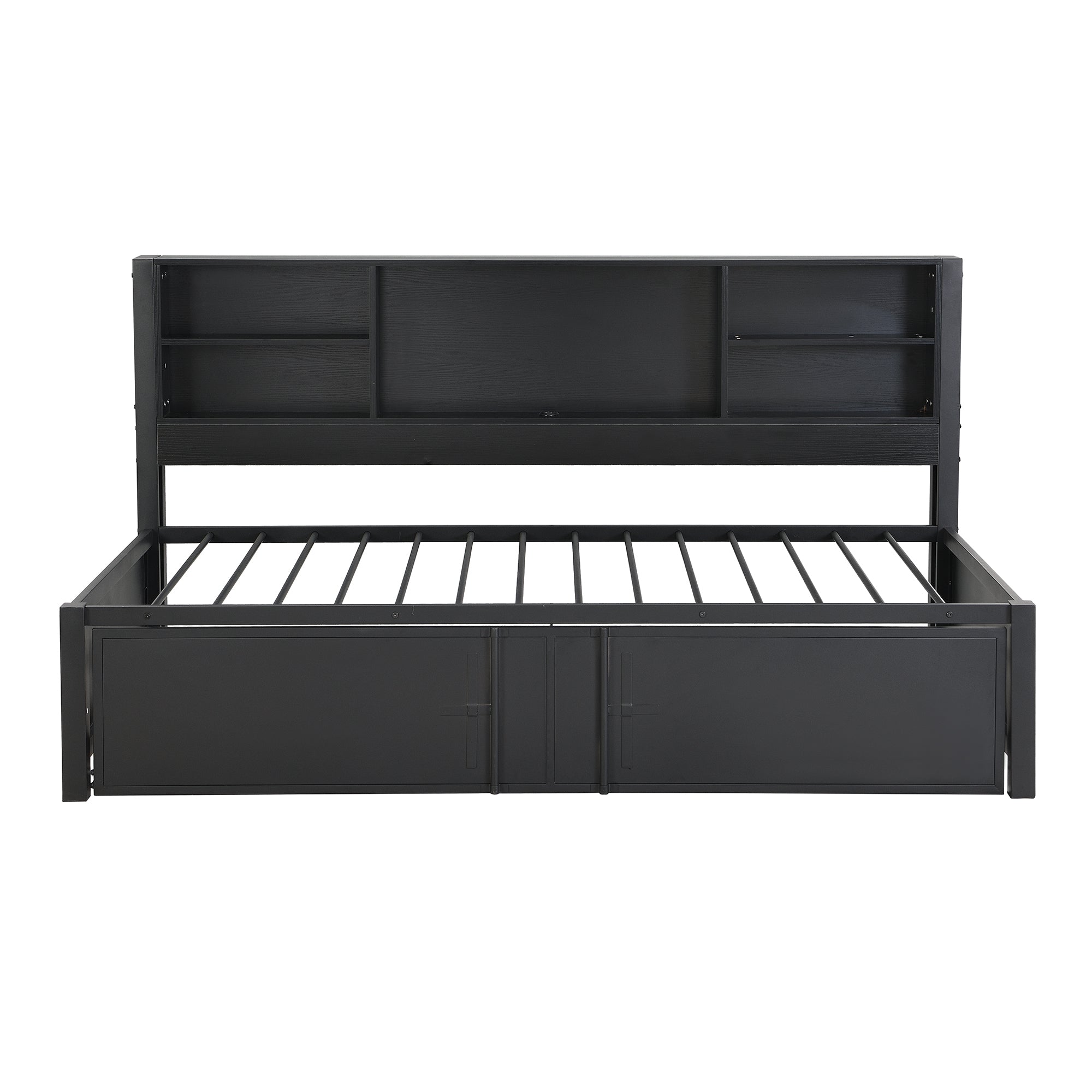 Metal Twin Size Daybed with Twin Size Trundle, Storage Shelves and USB Ports, Black - Abrihome