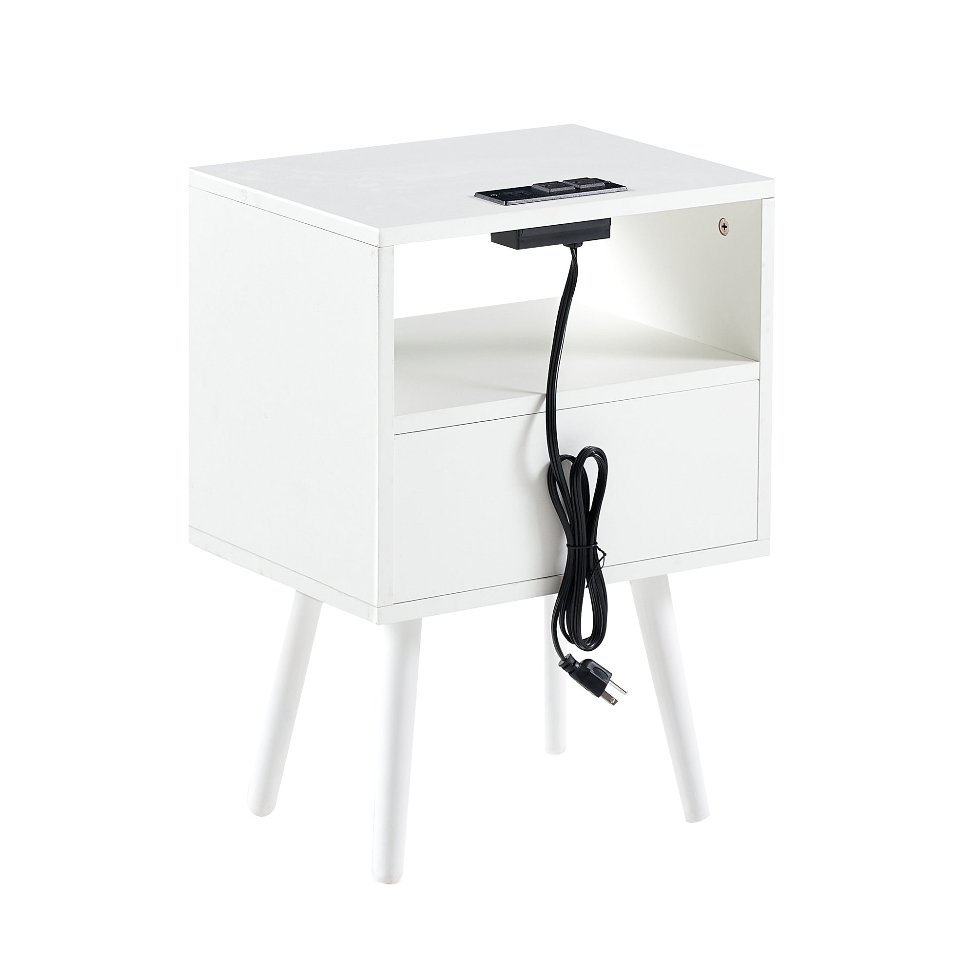 15.75" Rattan End table with Power Outlet & USB Ports , Modern nightstand with drawer and solid wood legs, side table for living room, bedroom, white - Abrihome