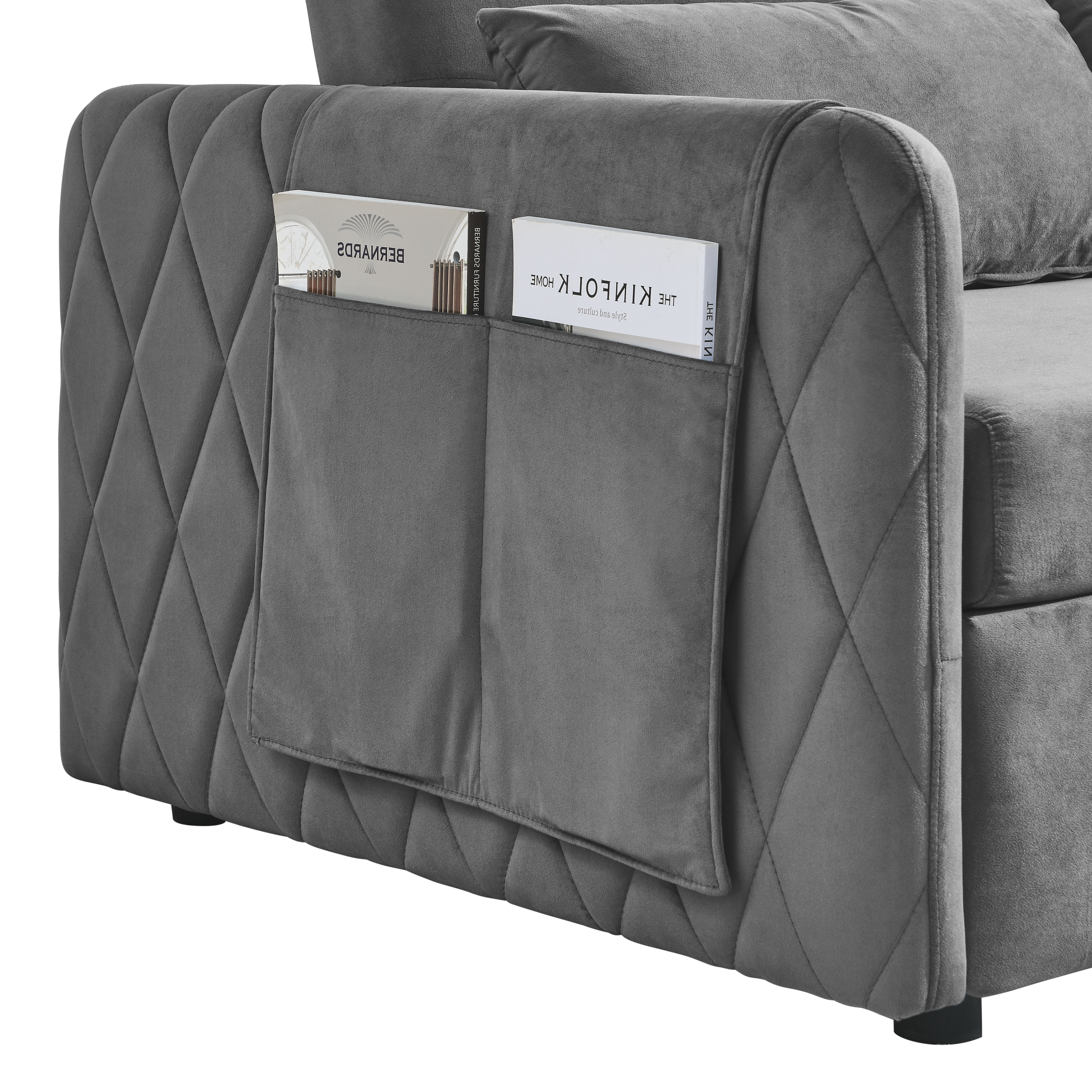55" Modern Convertible Sofa Bed with 2 Detachable Arm Pockets, Velvet Loveseat Sofa with Pull Out Bed, 2 Pillows and Living Room Adjustable Backrest, Grid Design Armrests