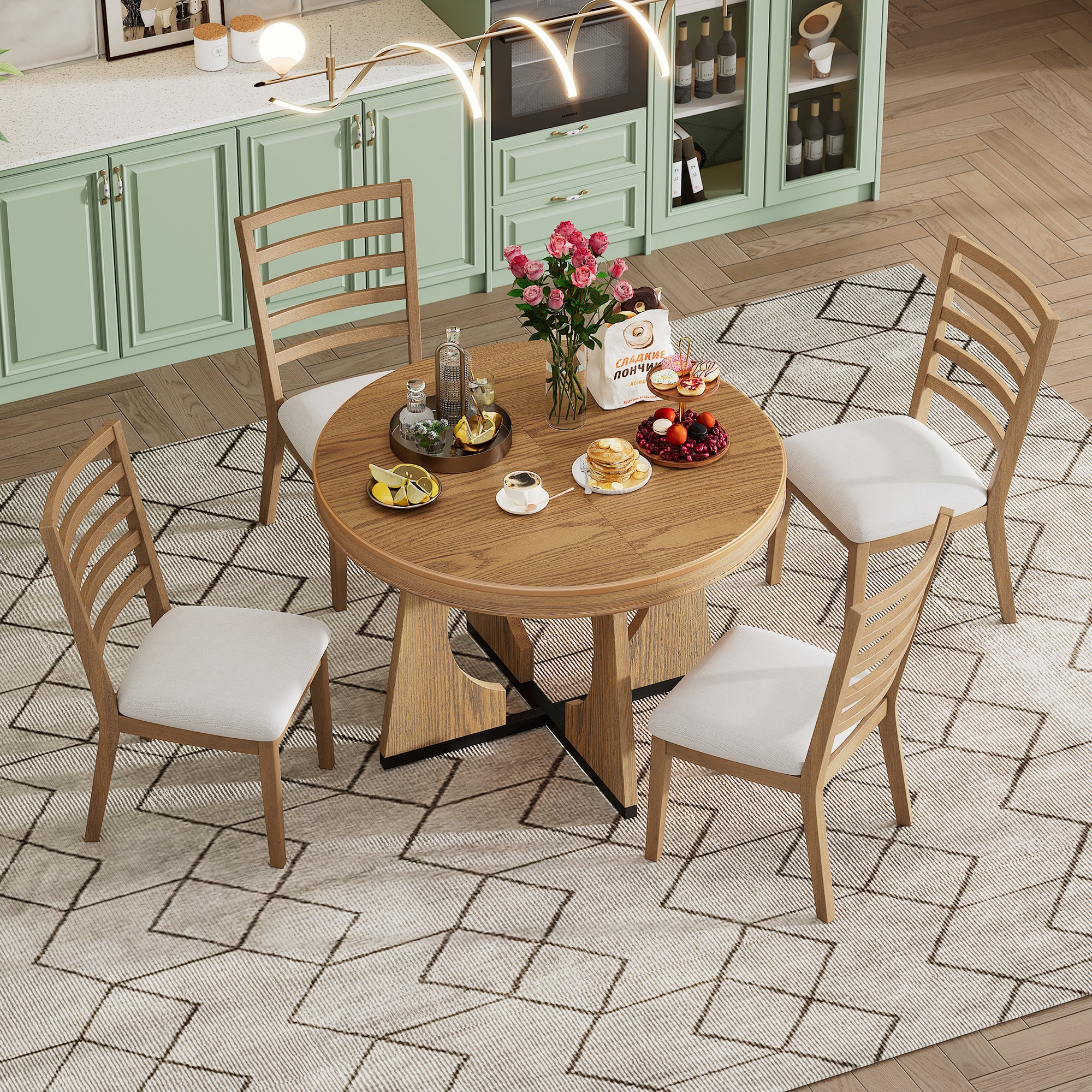 TREXM 5-Piece Retro Rustic Functional Dining Set Unique Geometric Design, 1 Extendable Table with a 16-inch Leaf and 4 Upholstered Chairs Ideal for Dining Room and Kitchen (Natural)