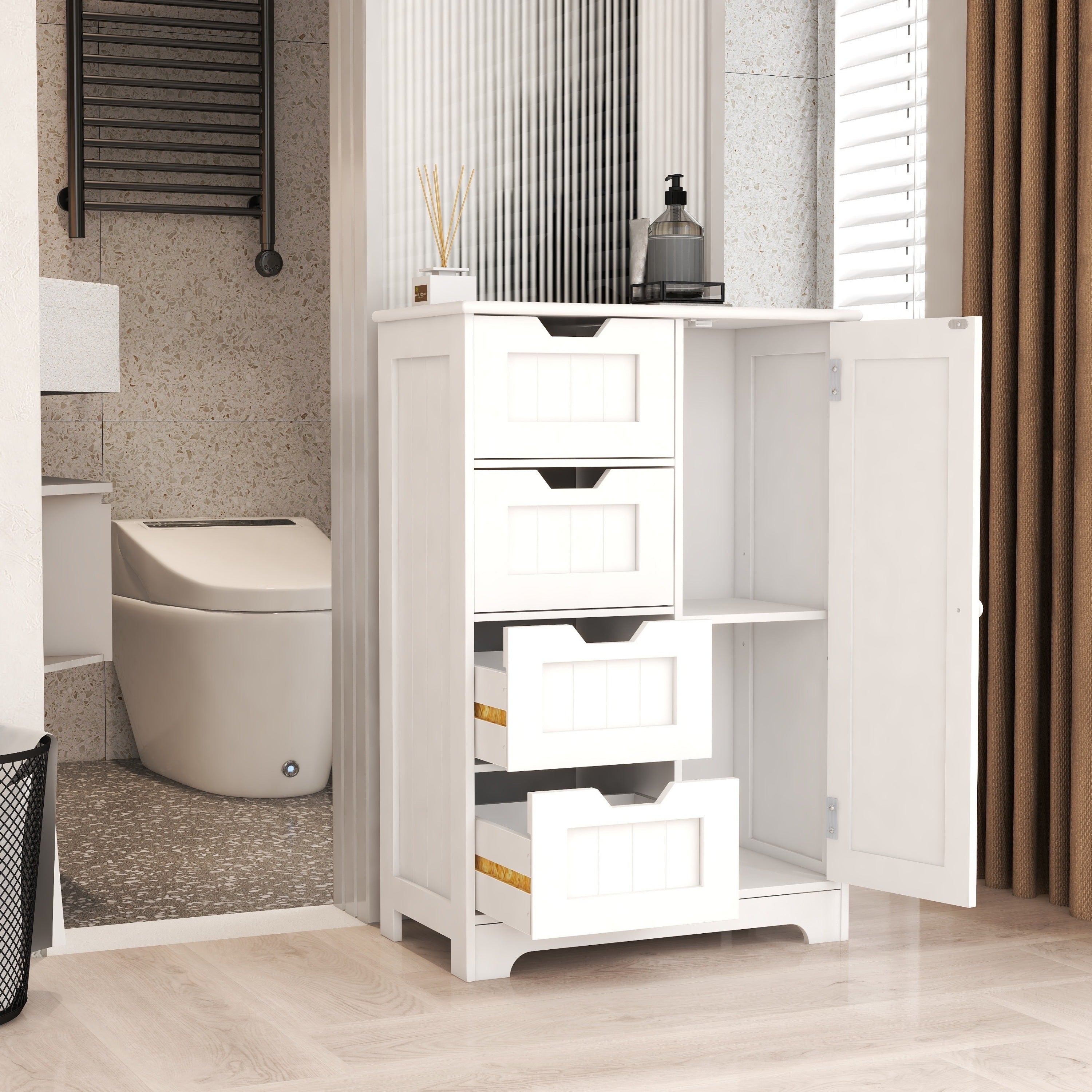 White freestanding floor storage cabinet with adjustable shelves, 4 drawers and 1 door - Abrihome
