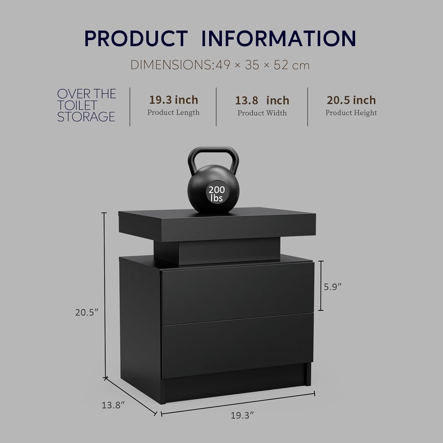 Nightstand LED Bedside Table Cabinet Lights Modern End Side with 2 Drawers for Bedroom (Black) - Abrihome