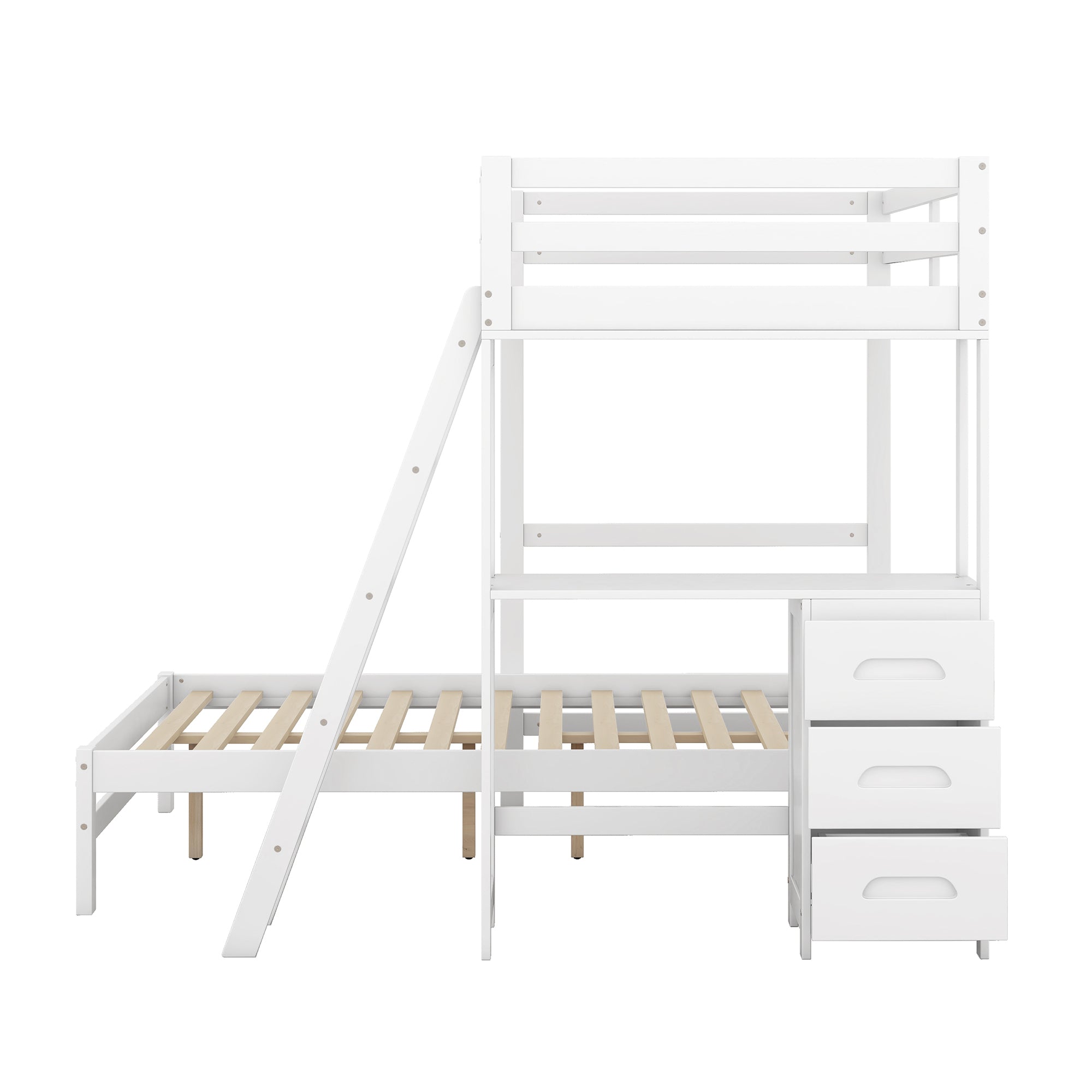 Twin over Full Bunk Bed with Built-in Desk and Three Drawers,White - Abrihome
