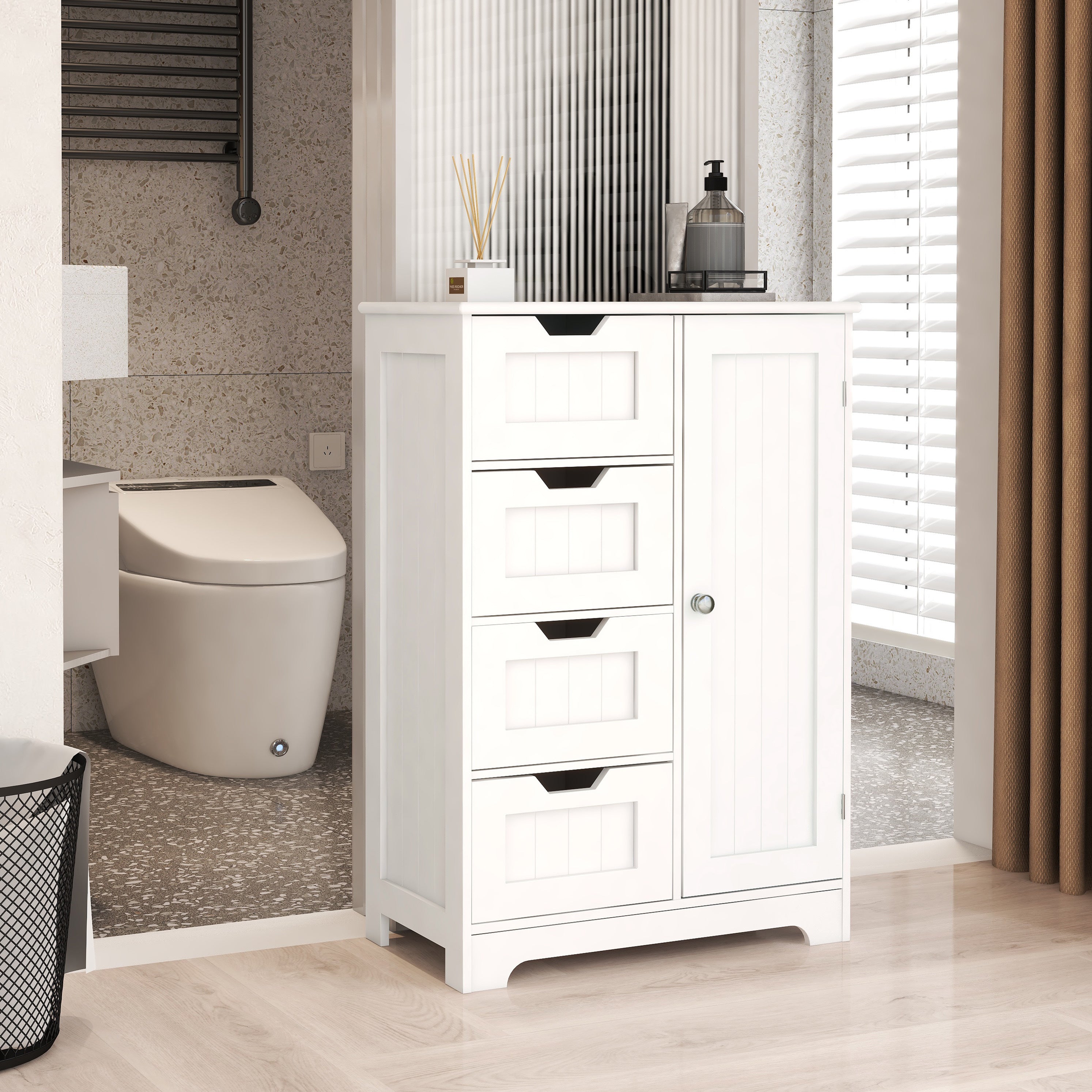 White freestanding floor storage cabinet with adjustable shelves, 4 drawers and 1 door - Abrihome