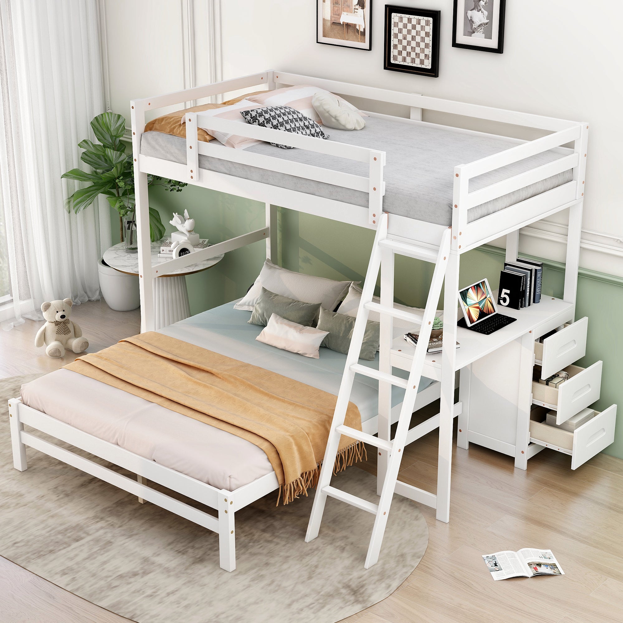Twin over Full Bunk Bed with Built-in Desk and Three Drawers,White - Abrihome
