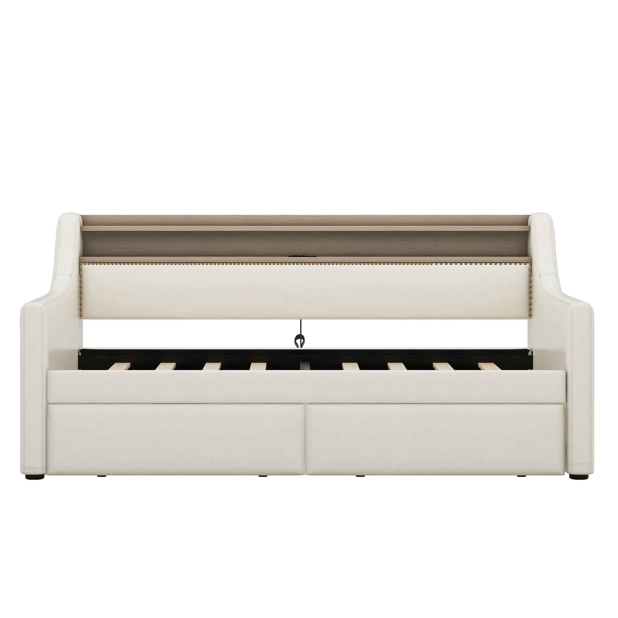 Twin Size Daybed with Storage Drawers, Upholstered Daybed with Charging Station and LED Lights, Beige (Old Item W1580S00022)