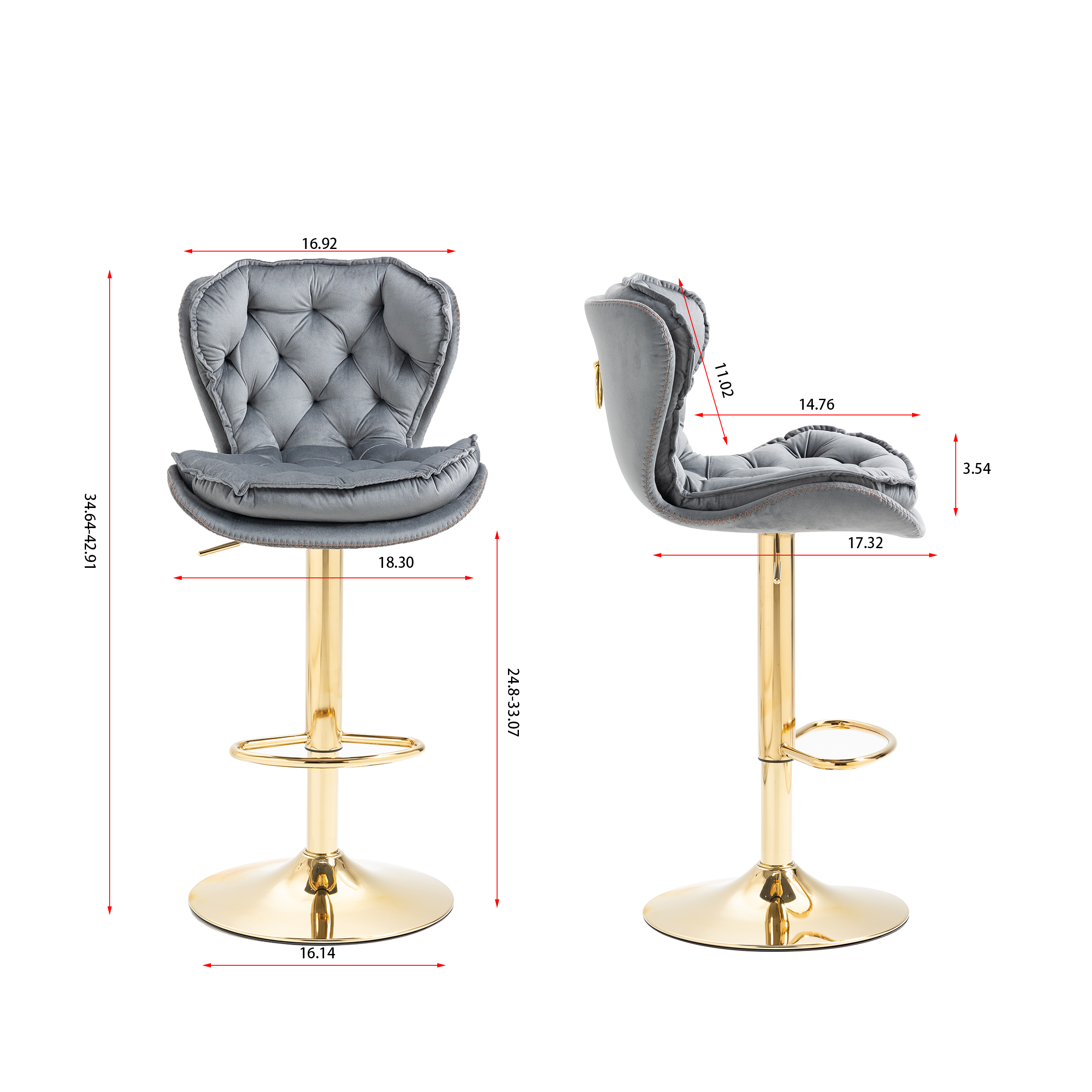 Set of 2 Bar Stools,with Chrome Footrest and Base Swivel Height Adjustable Mechanical Lifting Velvet + Golden Leg Simple Bar Stool-gray - Abrihome