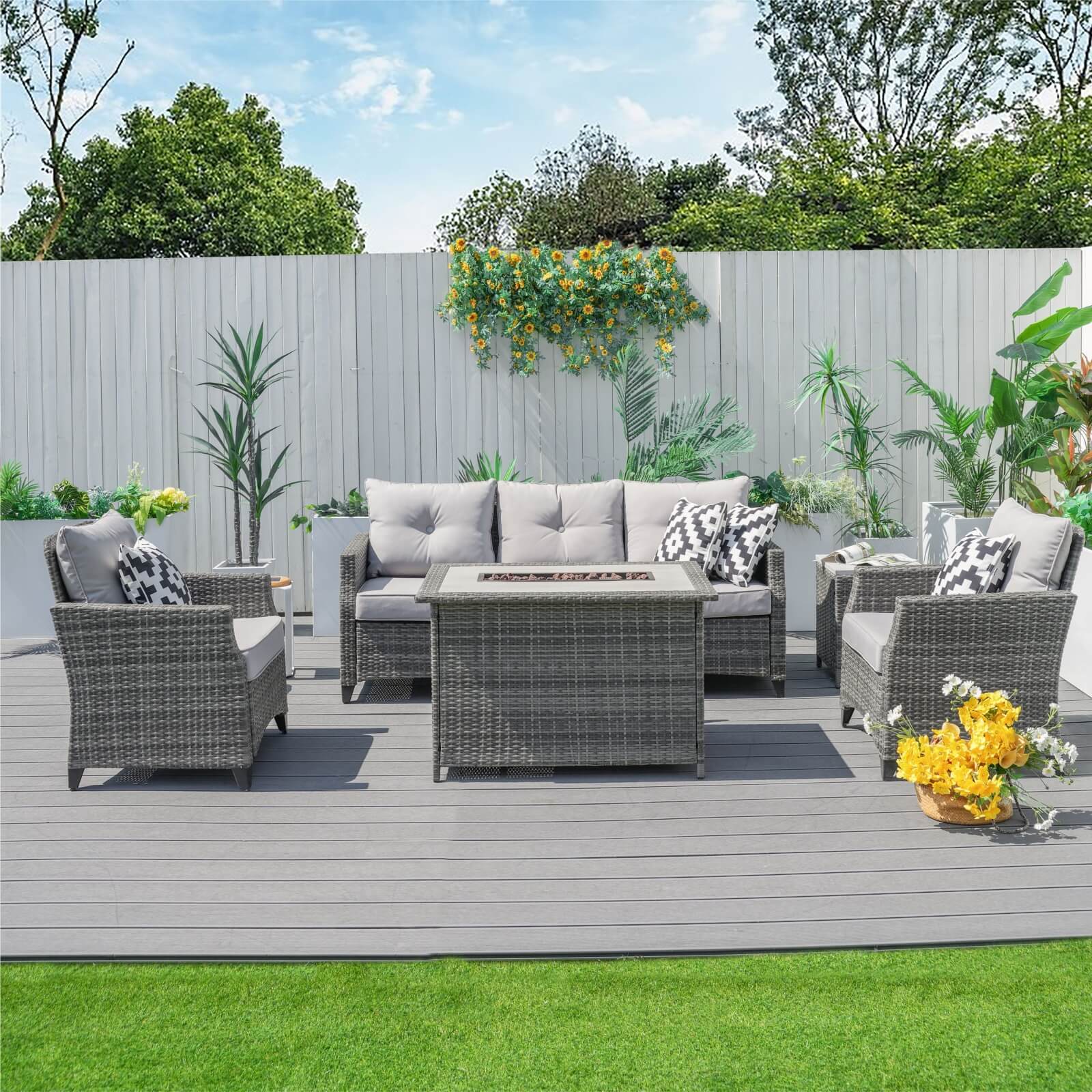 5-Piece Outdoor Fire Pit Patio Set with Gray Sofas and Fire Pit Table(PAF-1802P) - Abrihome