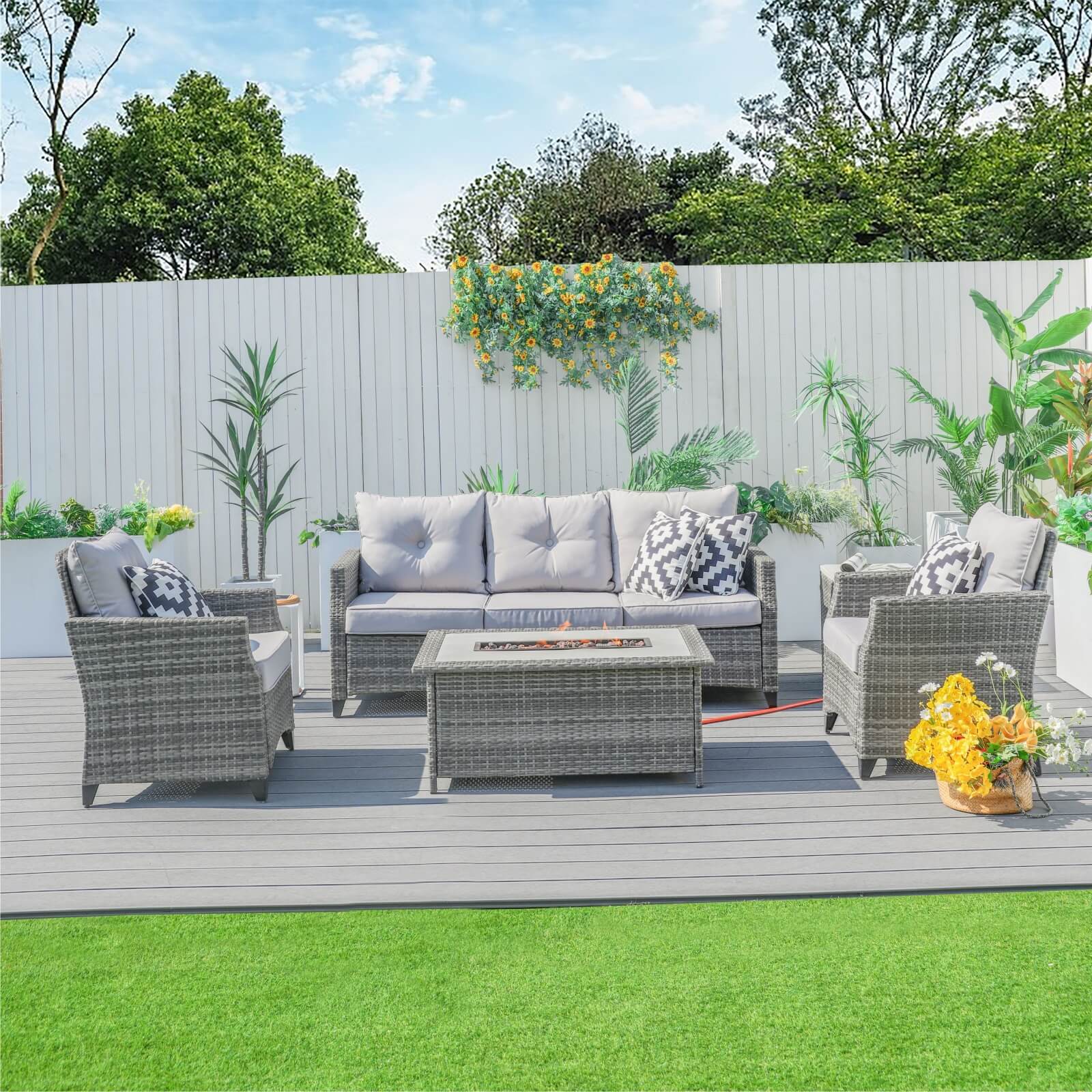 5-Piece Outdoor Fire Pit Patio Set with Gray Sofas and Fire Pit Table(PAF-1802P) - Abrihome