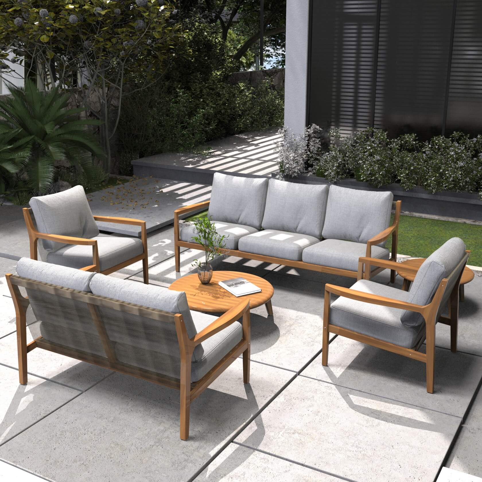 Natural Acacia Wood Outdoor Seating Set – 6-Piece Rustic Patio Sofa & Table Collection(PAS-2513-3SC+2SC+SC*2+TA+ST) - Abrihome