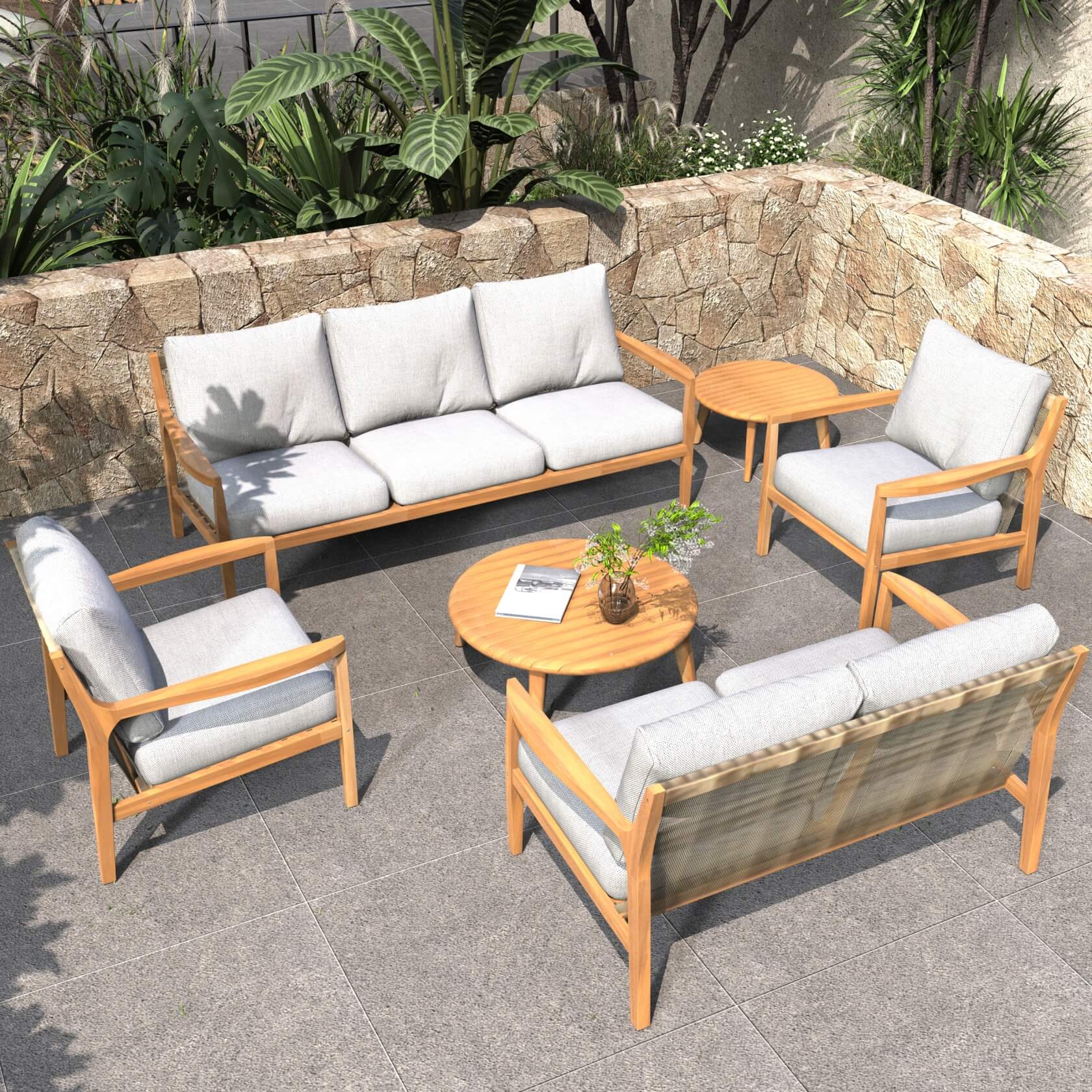Natural Acacia Wood Outdoor Seating Set – 6-Piece Rustic Patio Sofa & Table Collection(PAS-2513-3SC+2SC+SC*2+TA+ST) - Abrihome