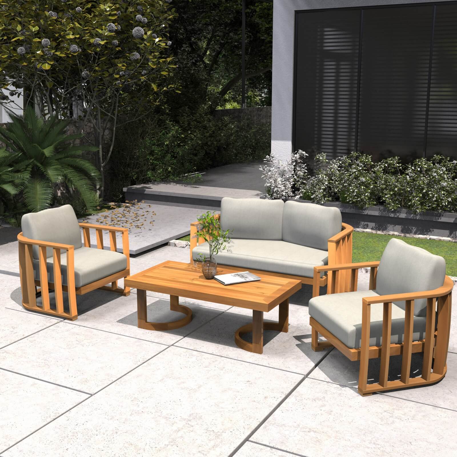 Stylish 4-Piece Acacia Wood Outdoor Sofa Set with Cushions(PAS-2521-19F-2SS+SS*2+TA) - Abrihome