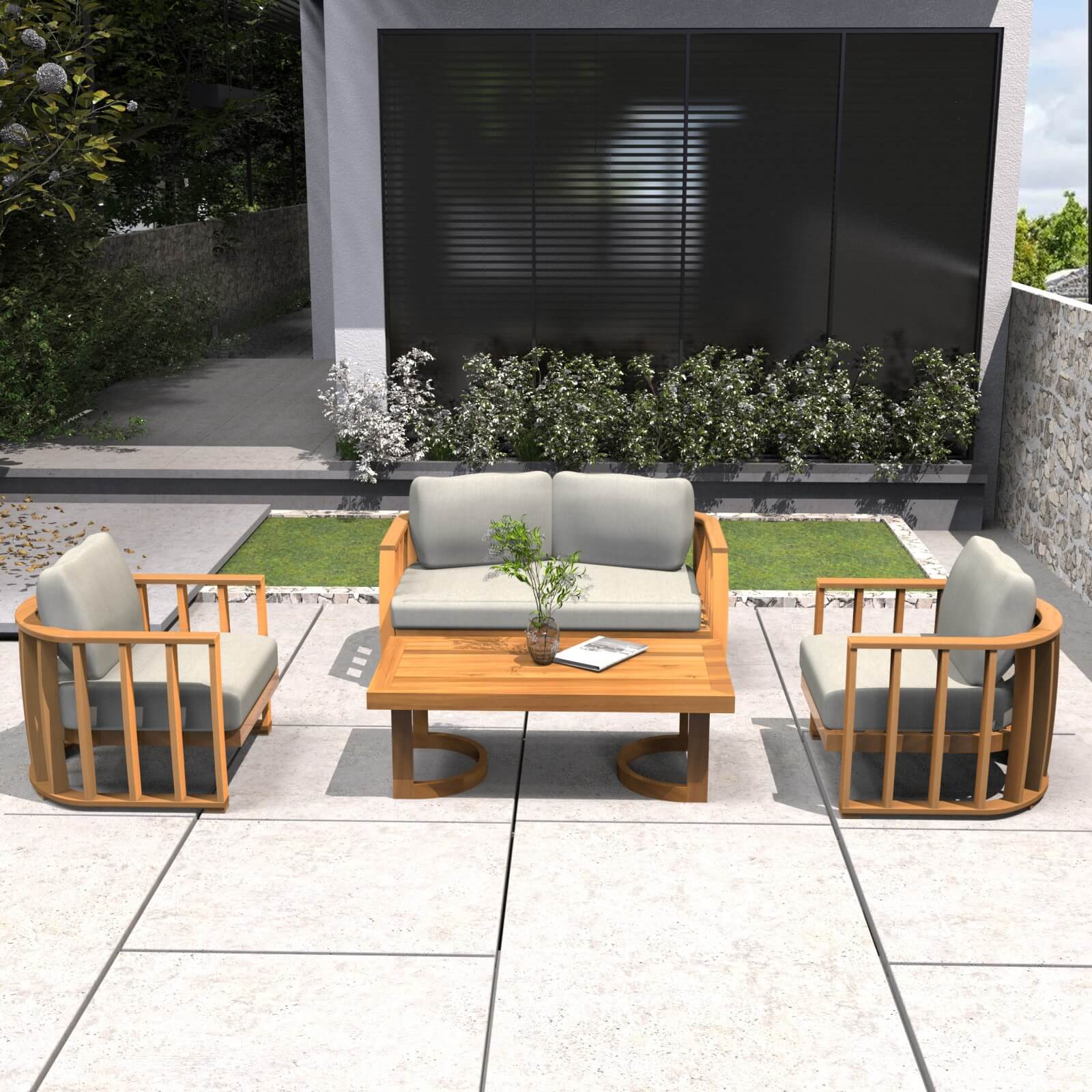 Stylish 4-Piece Acacia Wood Outdoor Sofa Set with Cushions(PAS-2521-19F-2SS+SS*2+TA) - Abrihome