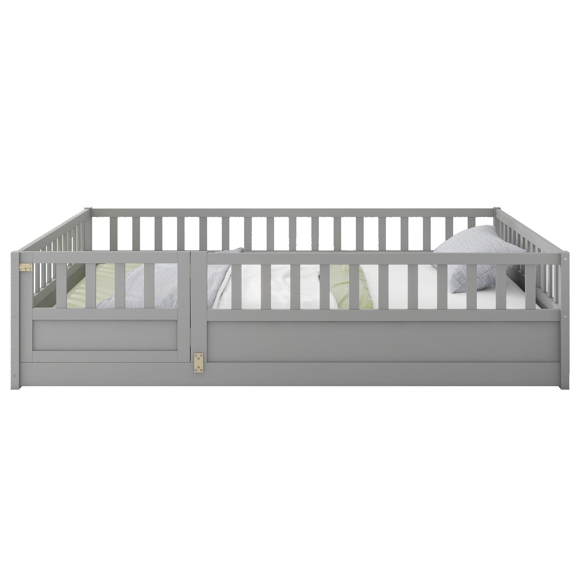 Full size  Floor bed, integral construction with super high security barrier, door, children's floor bed frame, Montessori wooden children's floor bed,  Grey