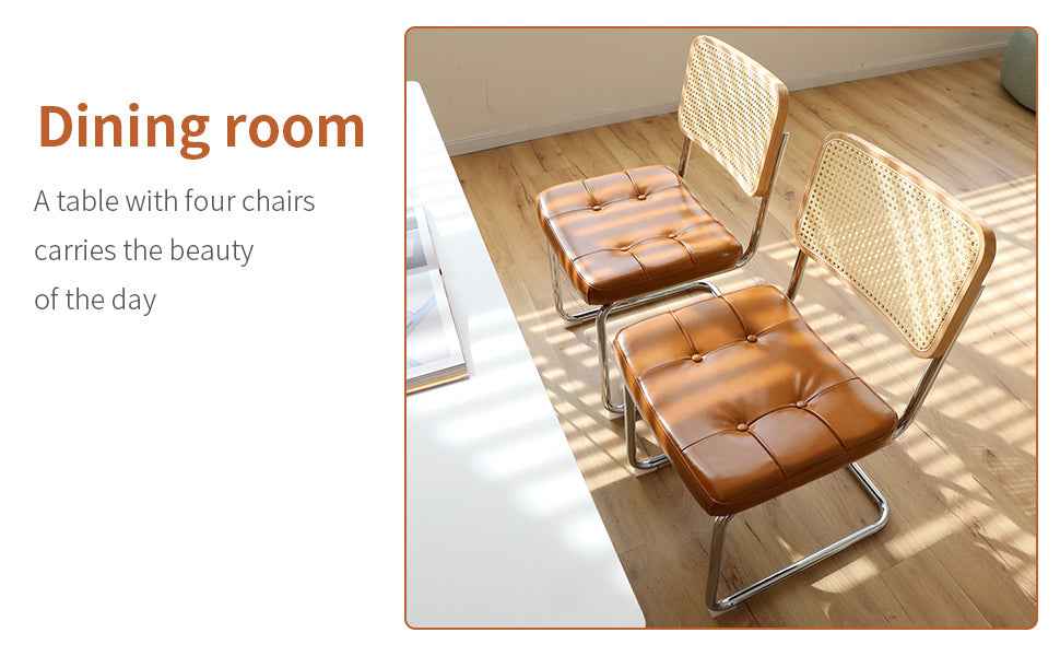 Dining Chairs Set of 2, Faux Leather Rattan Side Accent Chairs with Chrome Legs, Modern Mid Century Breuer Designed Chairs, Upholstered Dining Living Room Kitchen Chairs (Brown-2pcs)
