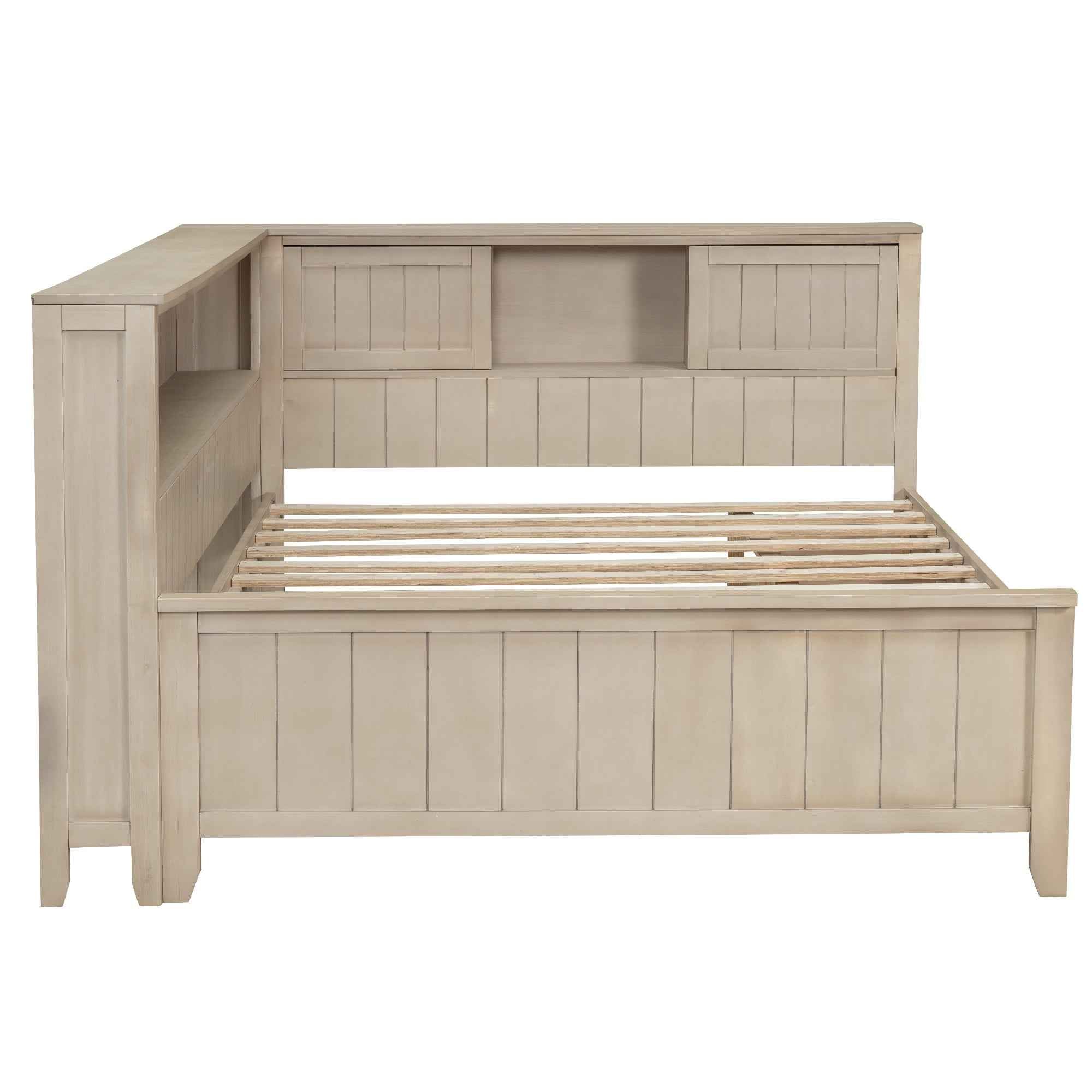 Full Size Wood Daybed with Storage Shelves and 3 Drawers in Antique White Milk Finish, Solid Pine Wood+MDF