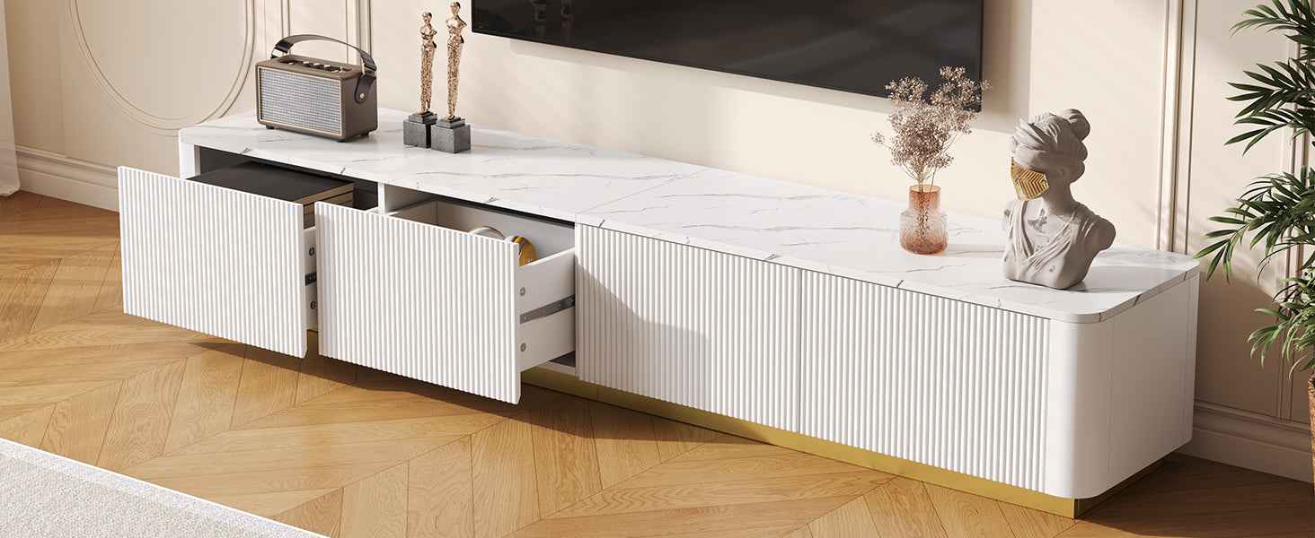 ON-TREND Luxury Fluted TV Stand for TVs Up to 85', Faux Marble Tabletop Media Console with 4 Drawers, Curved Profile Design, Modern Entertainment Center with Gold Base for Living Room, White