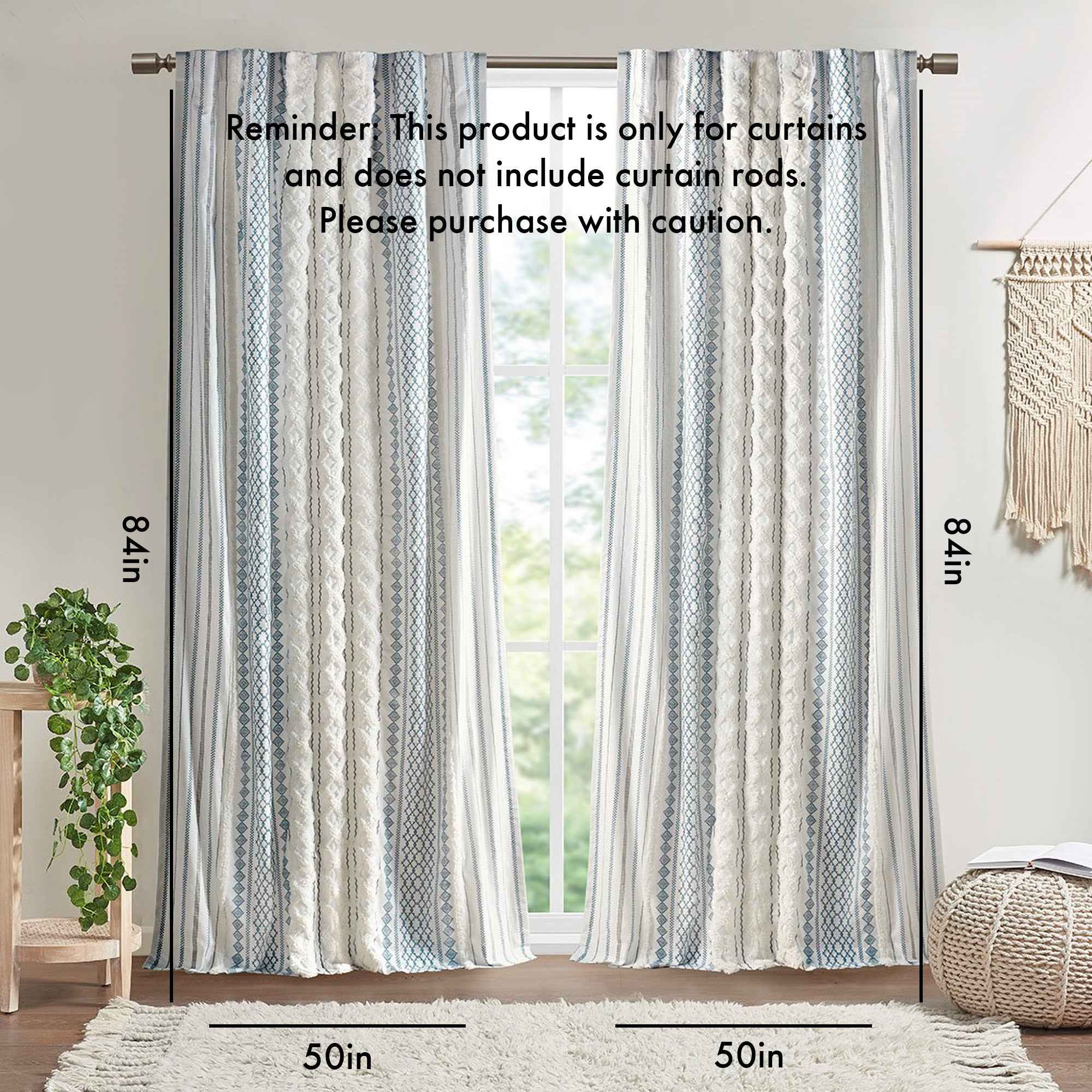 Cotton Printed Curtain Panel with Chenille Stripe and Lining White/Navy 50x84'