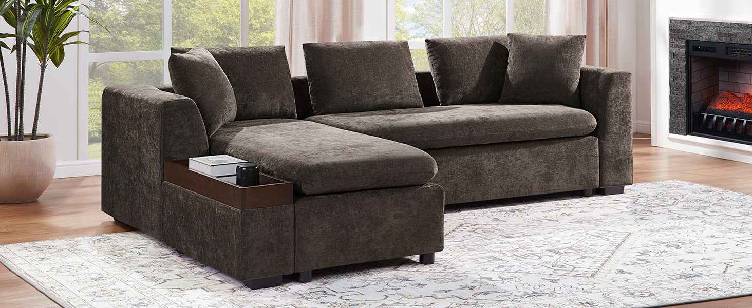Elegant L-Shaped Sectional Sofa with Chenille Upholstery and Wooden Storage Compartment, Brown