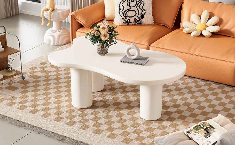 ON-TREND 44'' x 25.9'' Easy Assembly Cloud Coffee Table with 1.5'' Thick Tabletop, Cream Style Irregular End Table with 3 Sturdy Legs, Sleek Center Table with Round Edge for Living Room, White