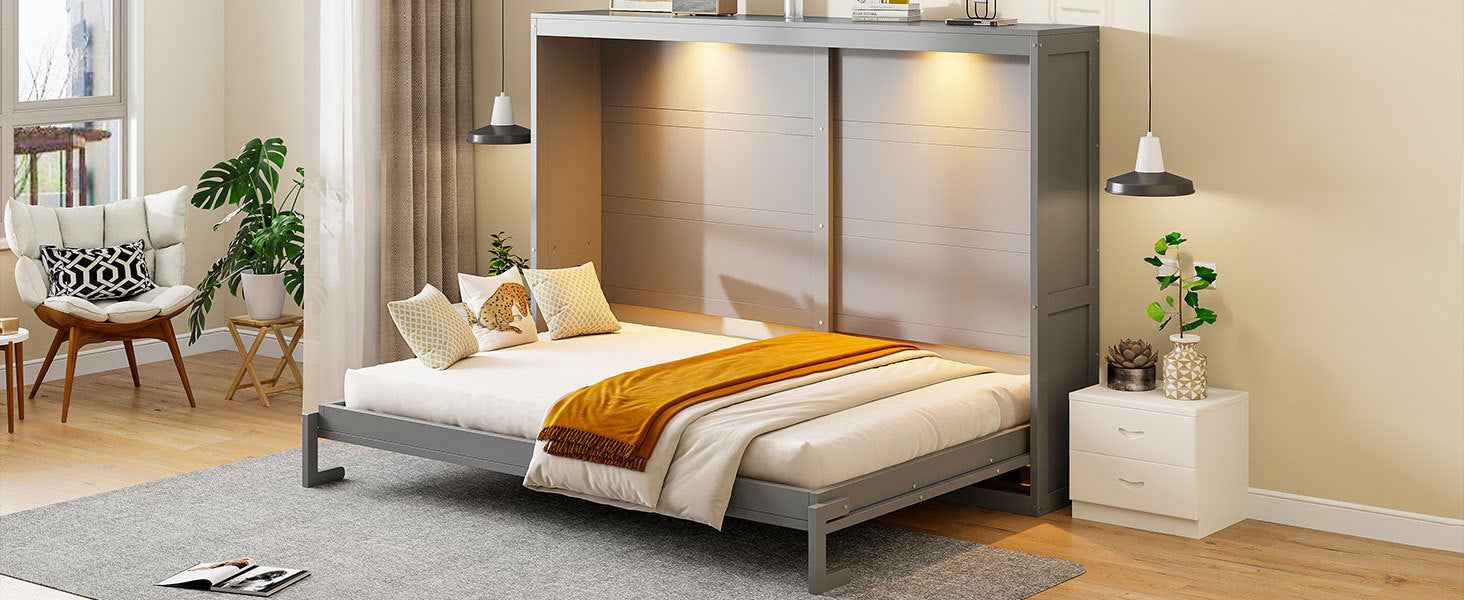 Queen Size Murphy Bed Wall Bed Modern design with LED Lights,Gray