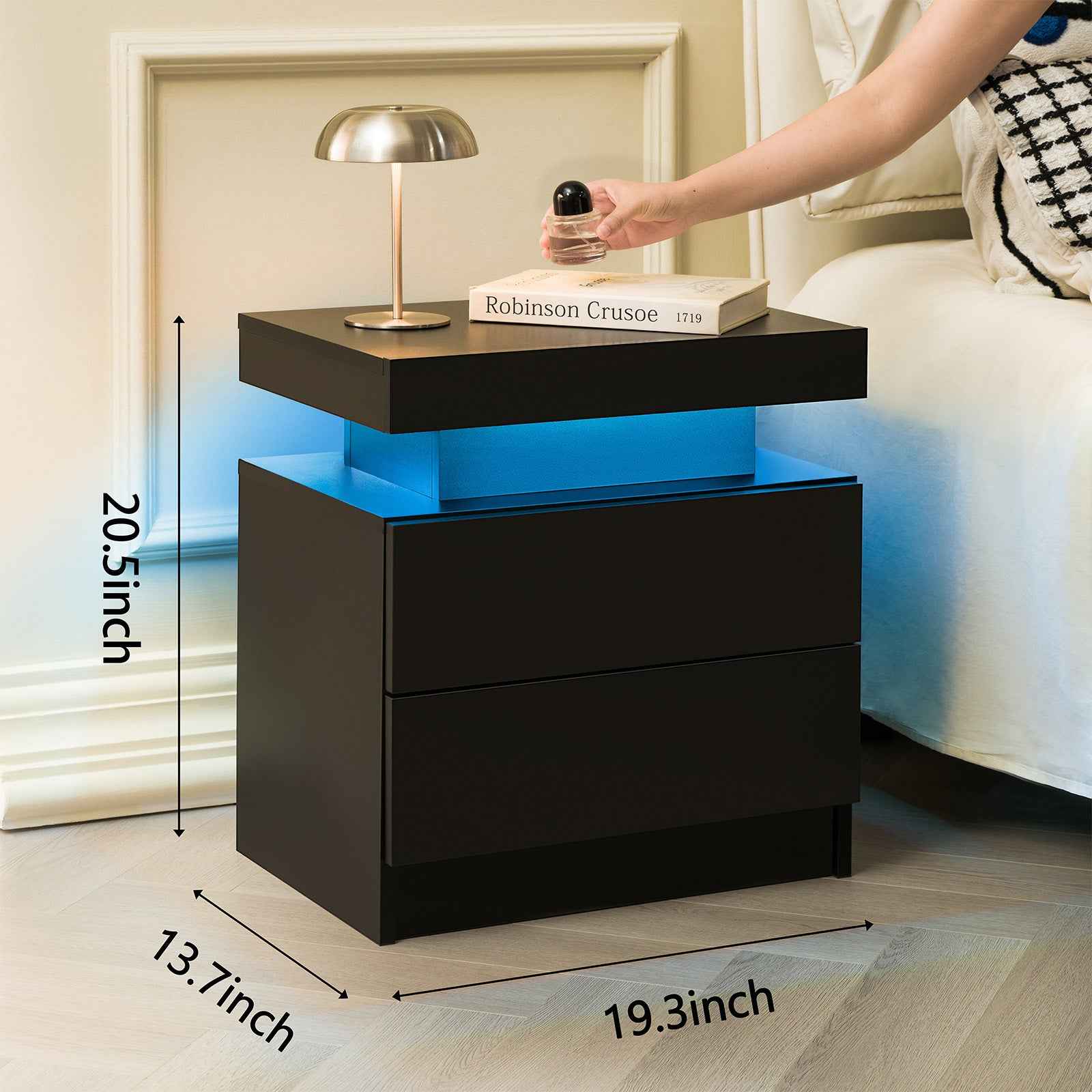LED Nightstands Set of 2, Bedside Table Cabinet Lights Modern End Side with 2 Drawers for Bedroom (Black)