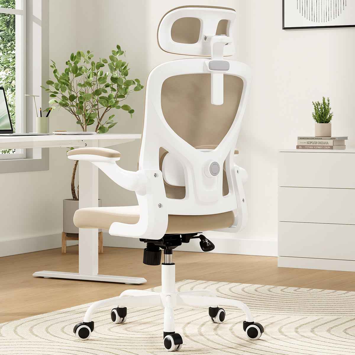 Ergonomic Office Chair, Home Office Desk Chair with Headrest, High Back Computer Chair with Armrests and Adjustable Lumbar Support for Home Office Study Room, White & Khaki