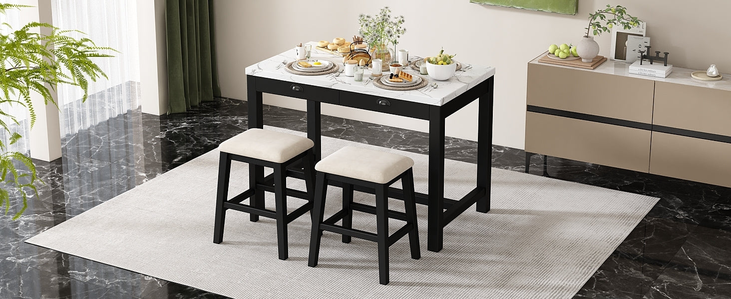 TREXM 3-Piece Modern Faux Marble Versatile Bar Table Set with Storage Drawers and Padded Stools, Ideal for Space-Saving Dining Nooks or Small Kitchens (Black)