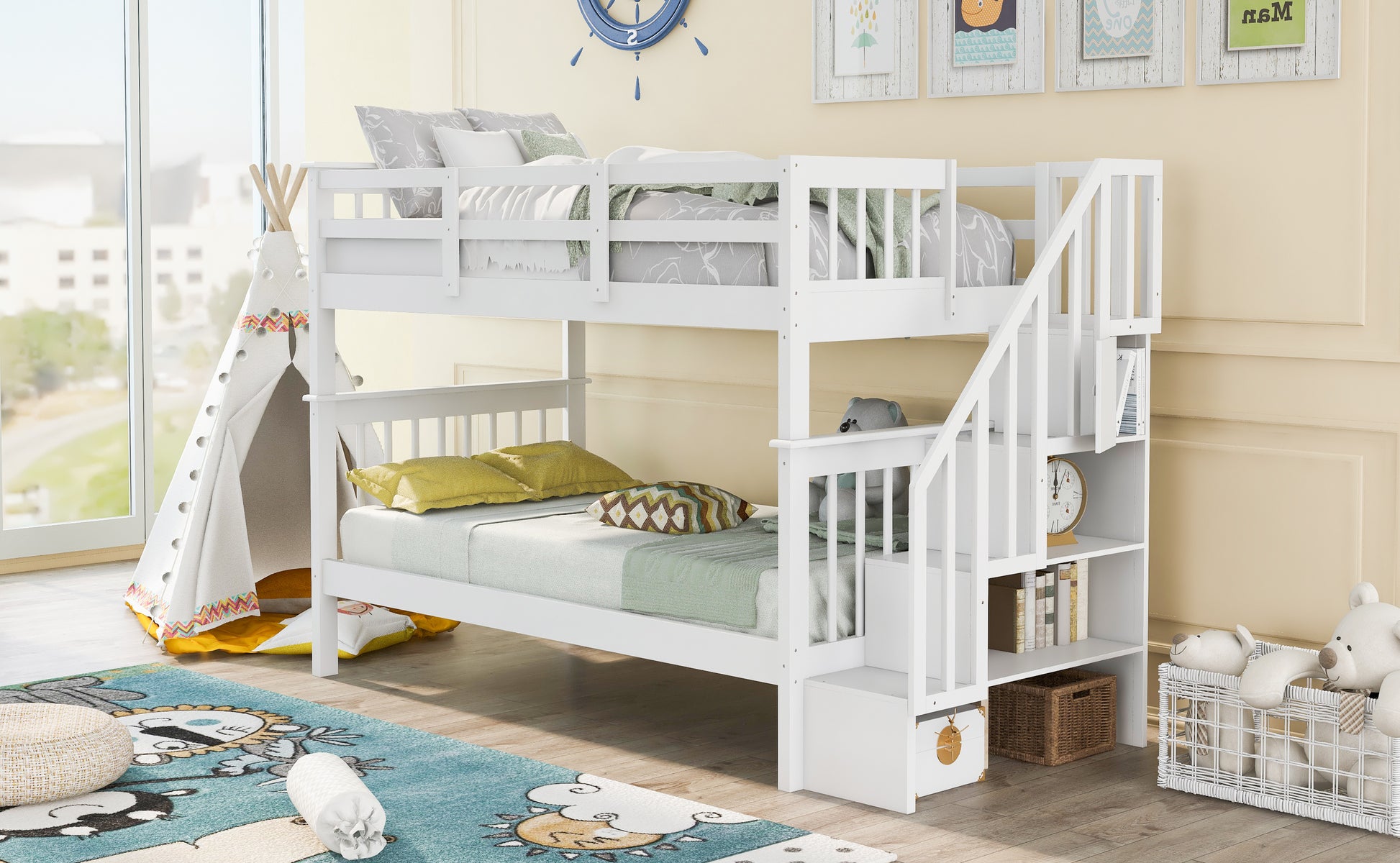 Stairway Twin-Over-Twin Bunk Bed with Storage and Guard Rail for Bedroom, Dorm, White color(OLD SKU :LP000109AAK) - Abrihome