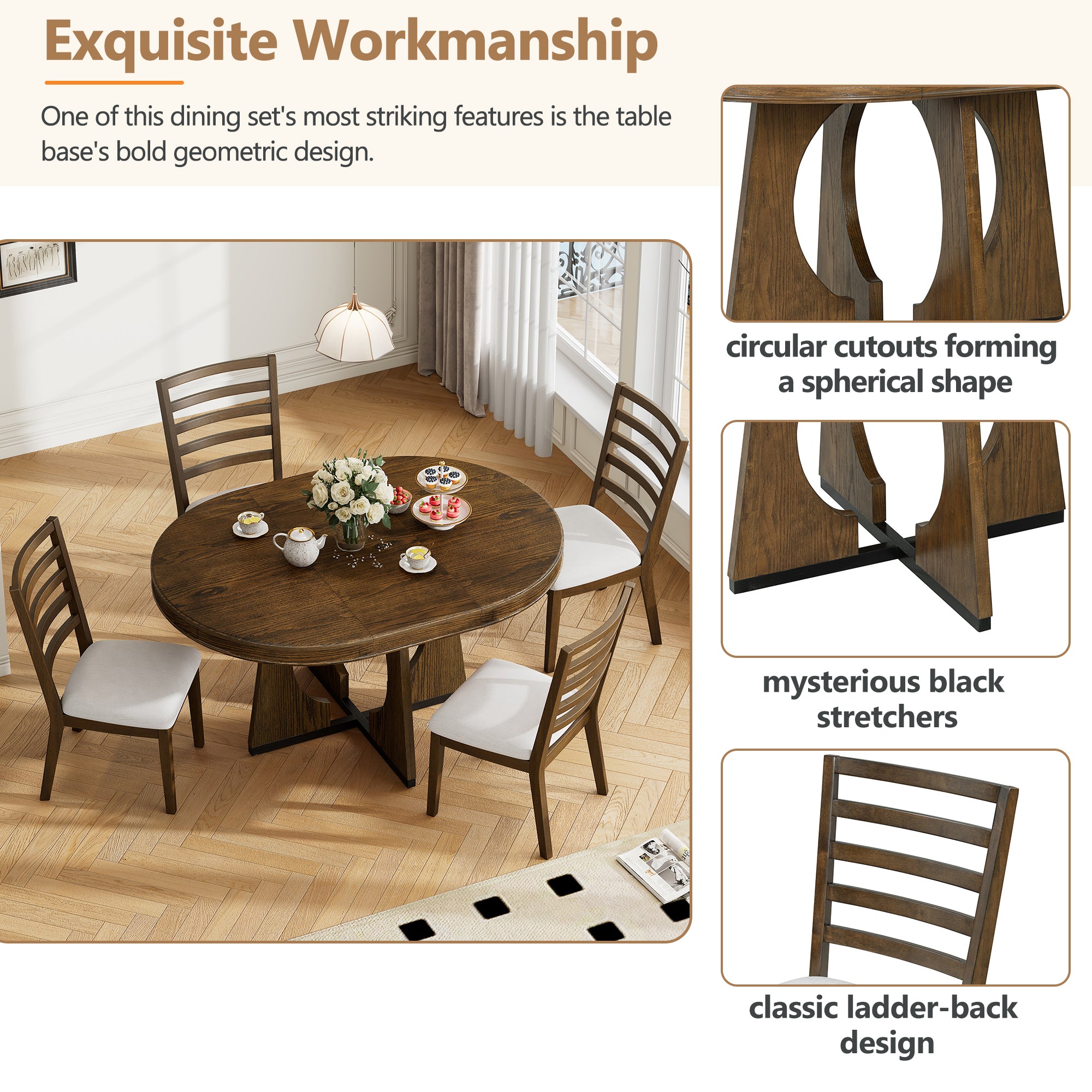 TREXM 5-Piece Retro Rustic Functional Dining Set Unique Geometric Design, 1 Extendable Table with a 16-inch Leaf and 4 Upholstered Chairs Ideal for Dining Room and Kitchen (Walnut)