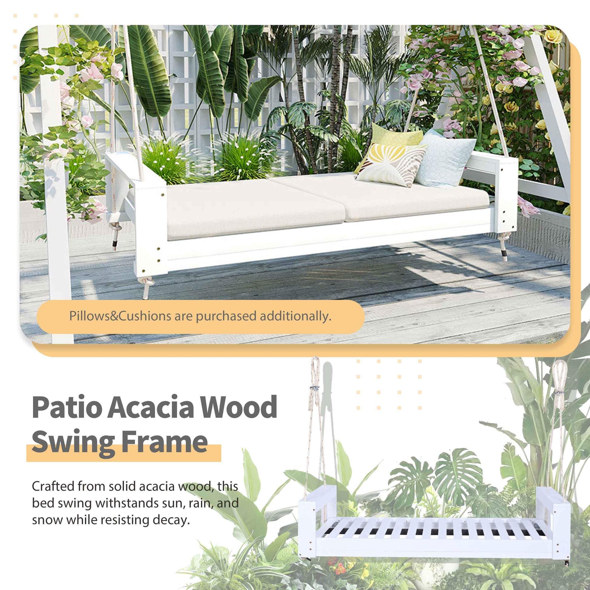 TOPMAX Twin Size Porch Swing Bed Seating Group, Patio Acacia Wood Swing Frame with Hemp Ropes for Garden, Backyard, White