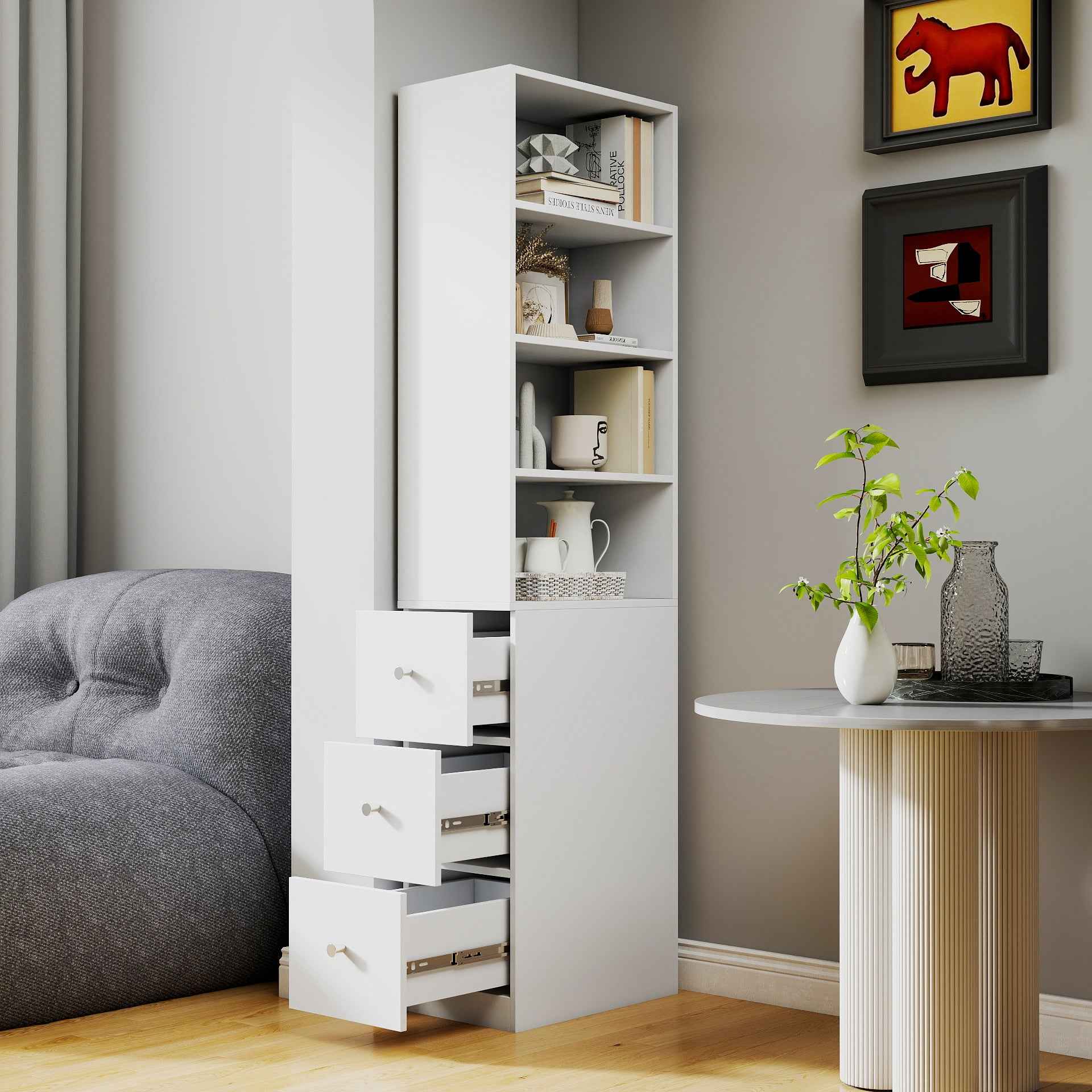 70.87' H Display Storage  Cabinet , 4-Tier Shelf, 3 Side Drawers , Modern Wooden Tall Bookshelf Bookcase for Living Room Home Office
