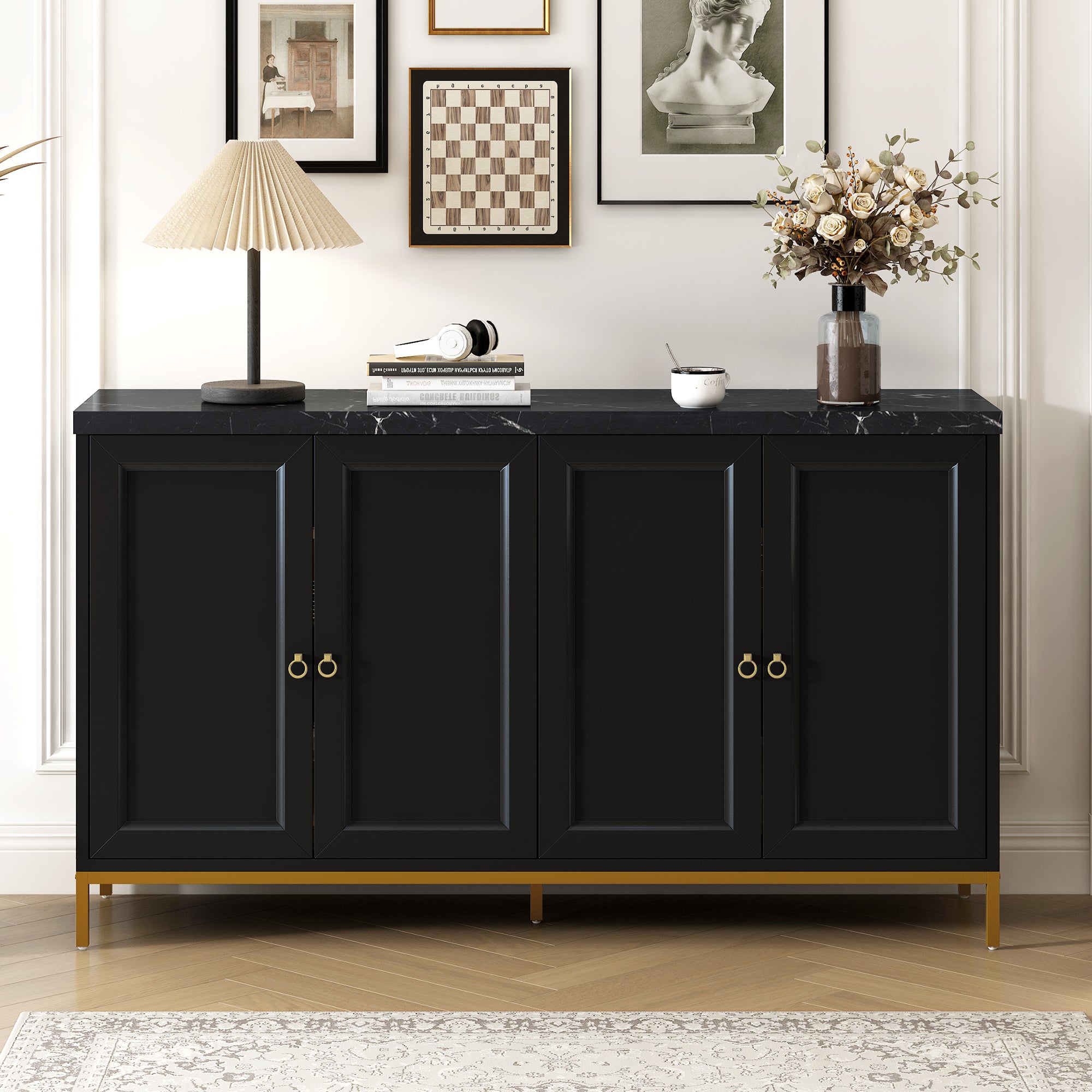 TREXM Modern Sideboard with Extra Large Storage Space with Metal Handles and Support Legs for Living Room and Dining Room (Black)