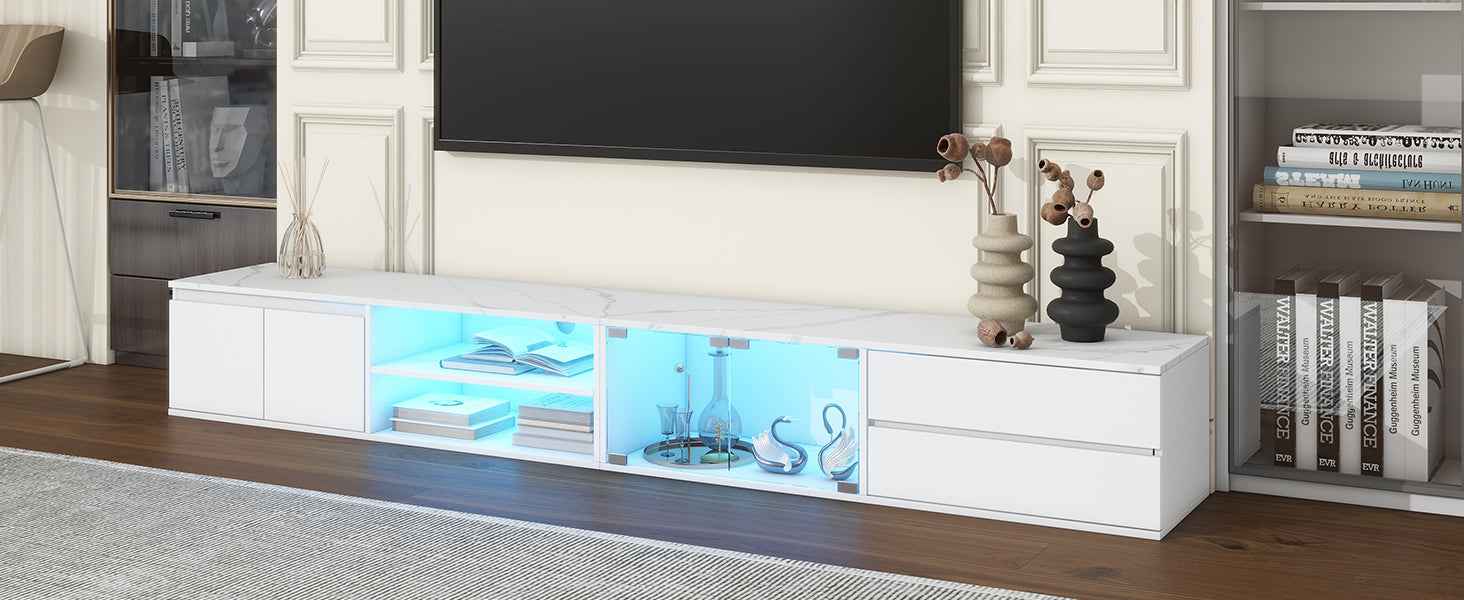 ON-TREND Modern APP Controlled LED TV Stand for TVs Up to 105'', Faux Marble Tabletop Media Console with Tempered Glass Doors, Entertainment Center with 2 Drawers & Cabinets for Living Room, White