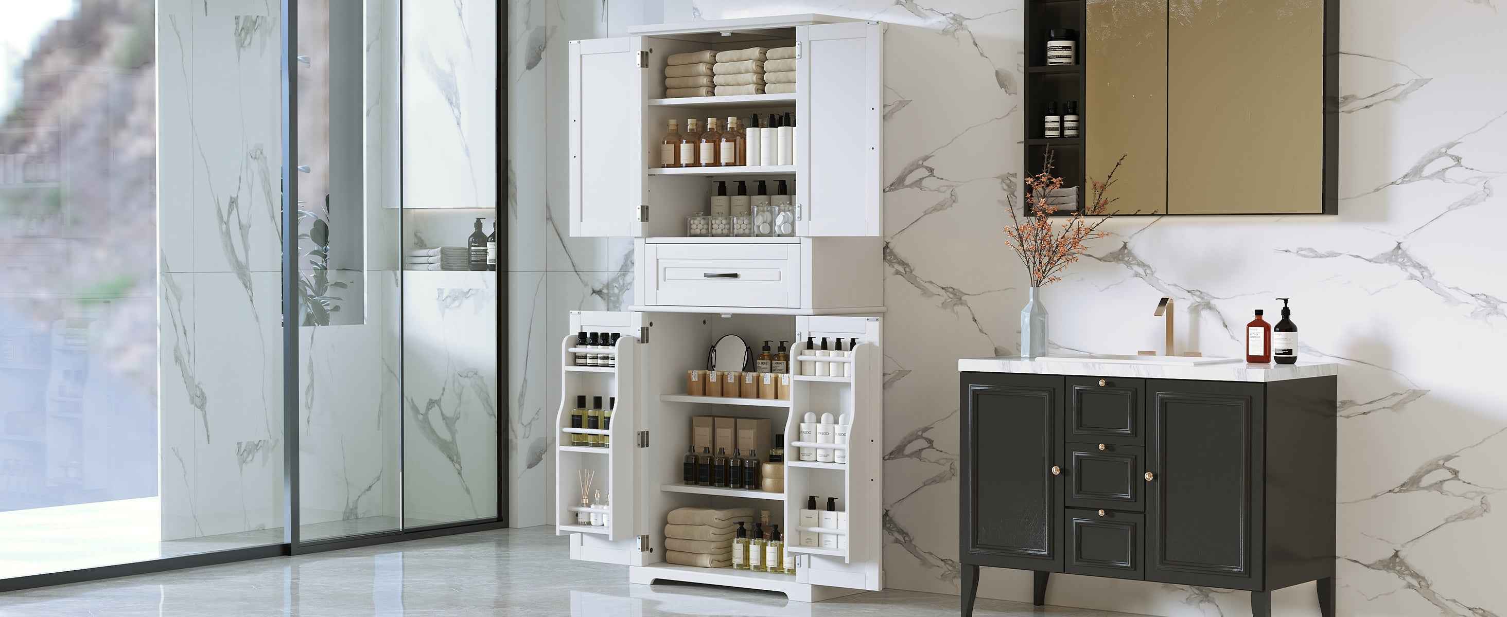 Bathroom Storage Cabinet with Multi-Functional Storage Space, Drawer with Slide Rails, Adjustable Shelf, White MDF
