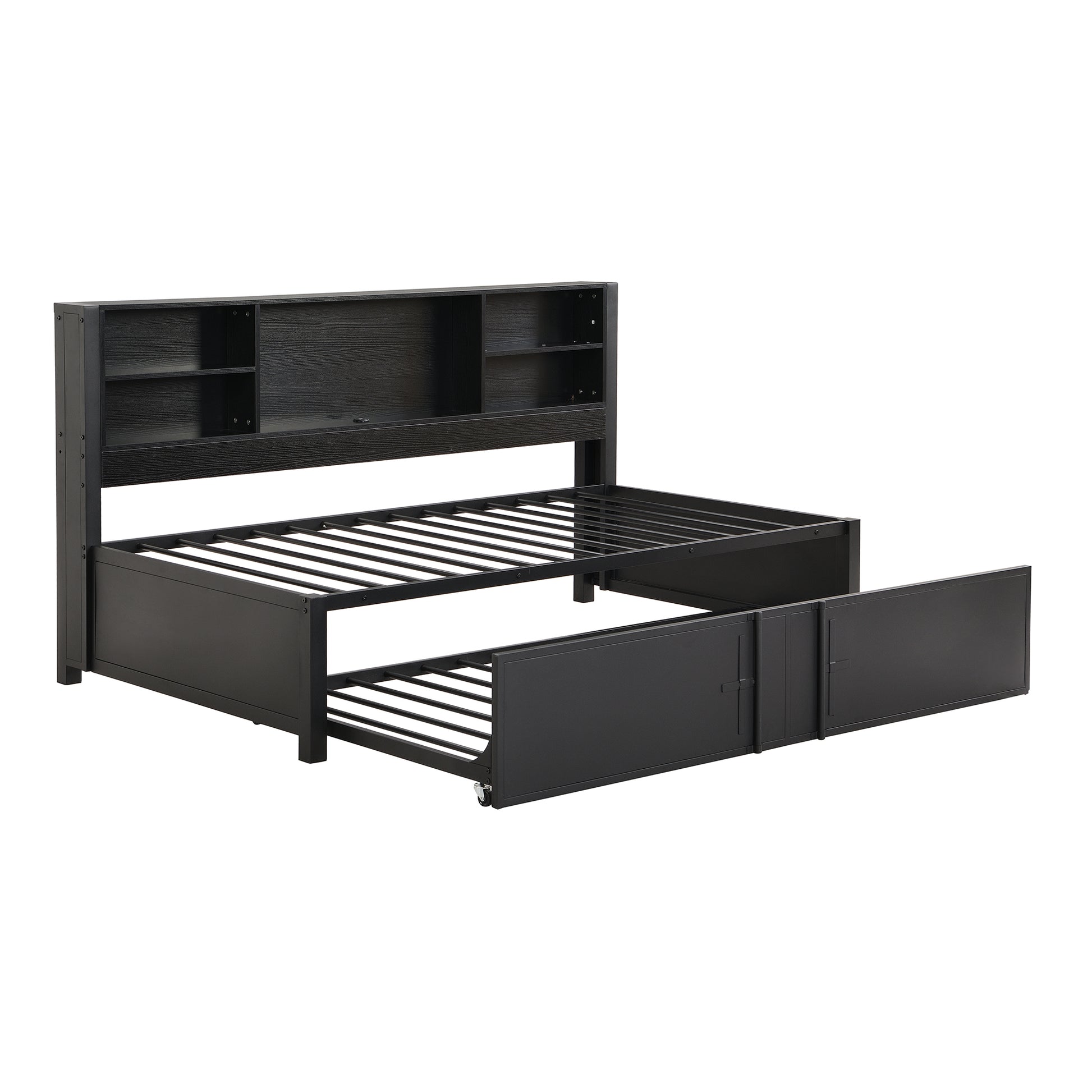 Metal Twin Size Daybed with Twin Size Trundle, Storage Shelves and USB Ports, Black - Abrihome