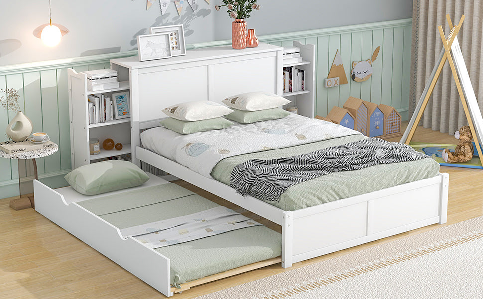 Full Size Storage Platform Bed with Pull Out Shelves and Twin Size Trundle, White