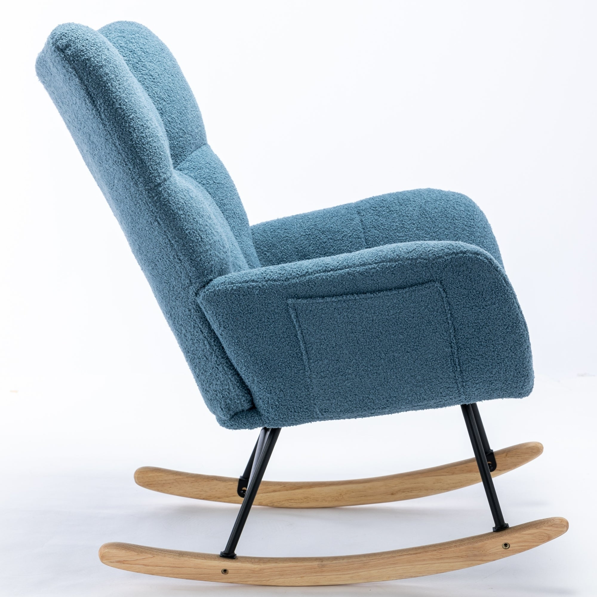 Rocking Chair with Pocket, Soft Teddy Fabric Rocking Chair for Nursery, Comfy Wingback Glider Rocker with Safe Solid Wood Base for Living Room Bedroom Balcony (blue)