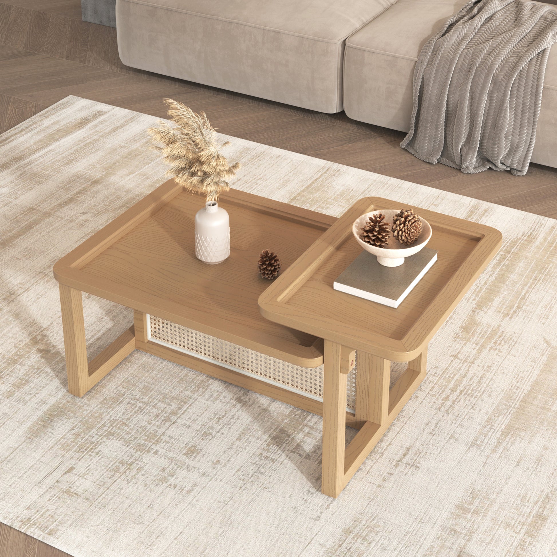 Modern 2 Piece Nesting Rattan Wood+ MDF Coffee Table Set in Natural - Abrihome
