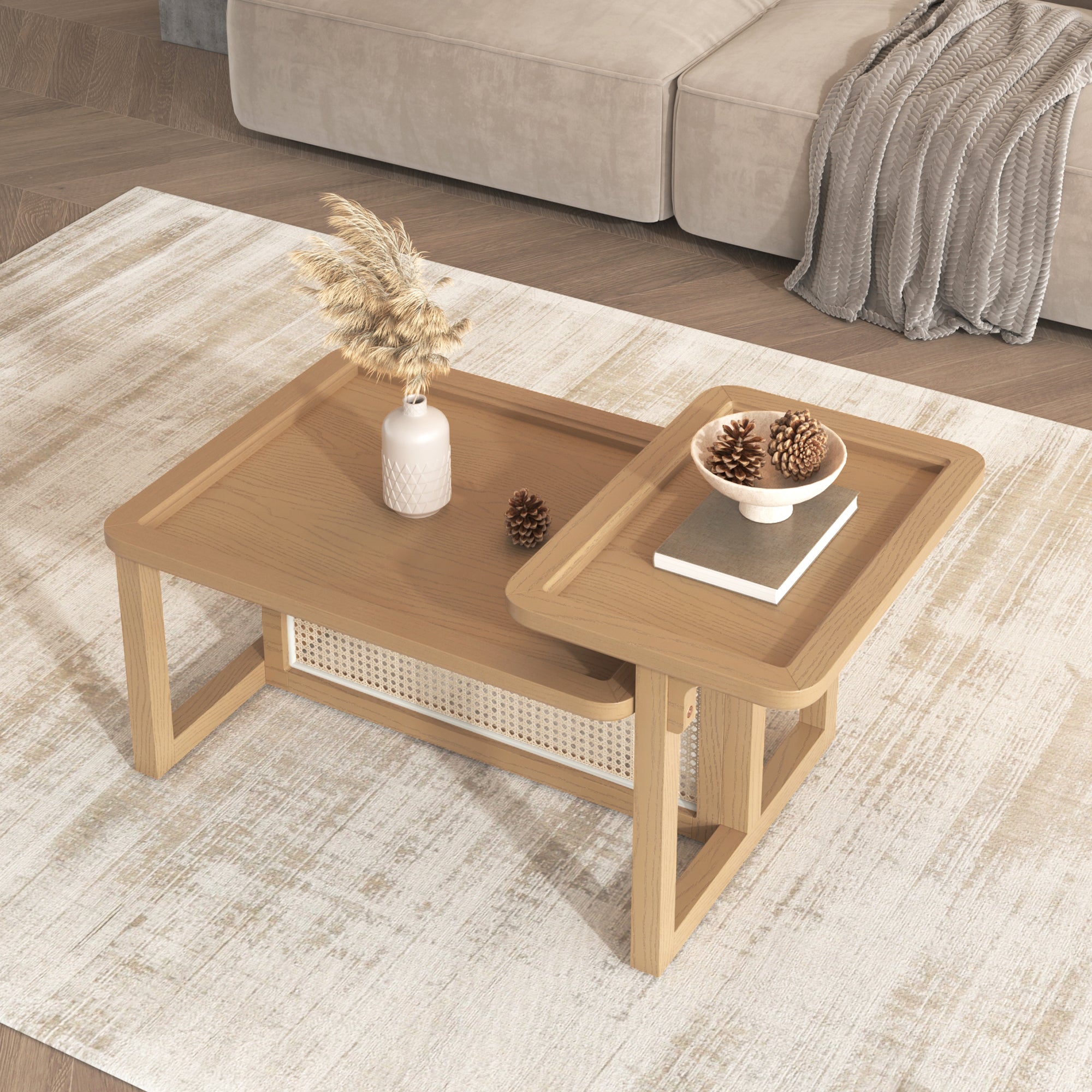 Modern 2 Piece Nesting Rattan Wood+ MDF Coffee Table Set in Natural - Abrihome
