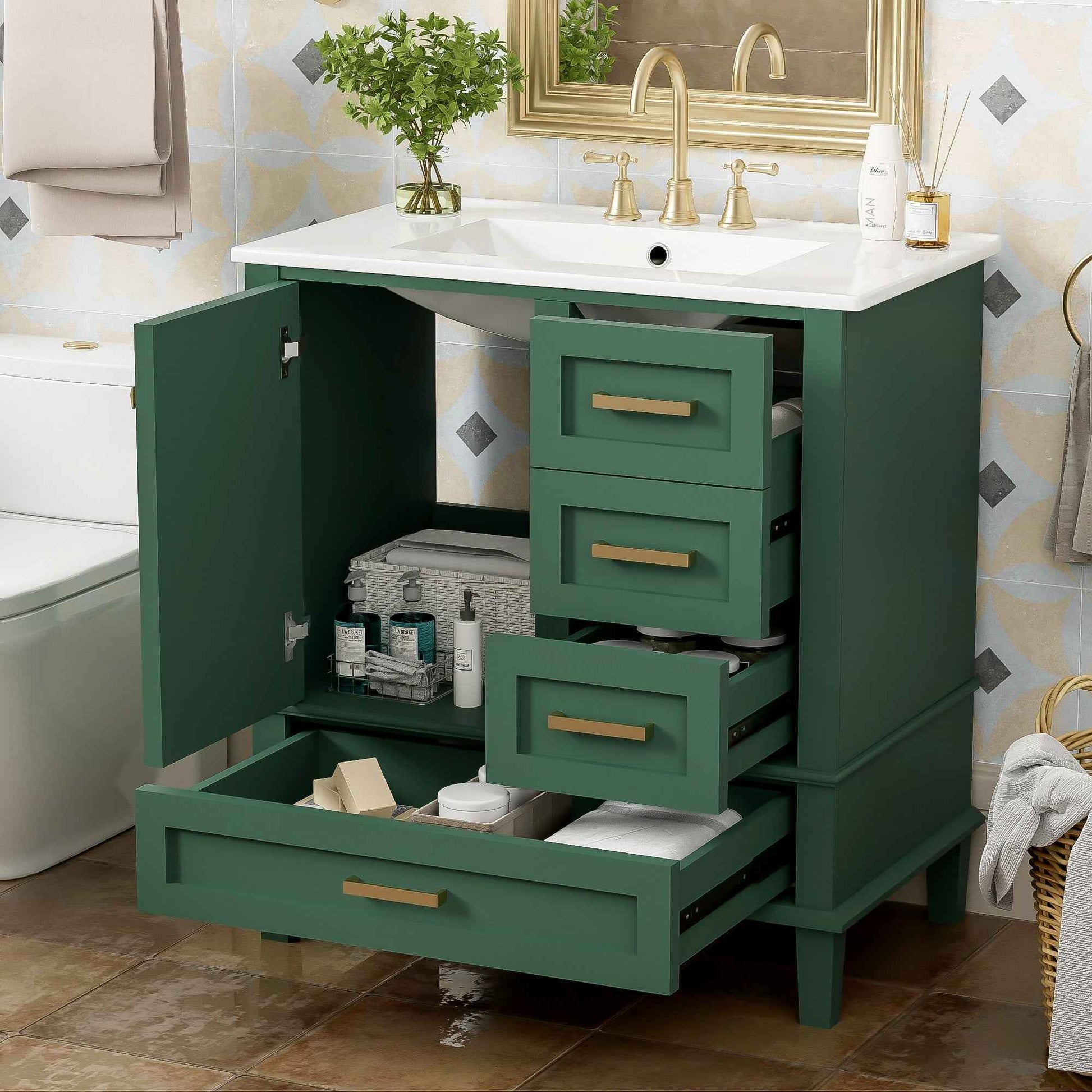 Modern Bathroom Vanity with Sink Combo Set, Solid Wood Frame, Green, 30 Inches