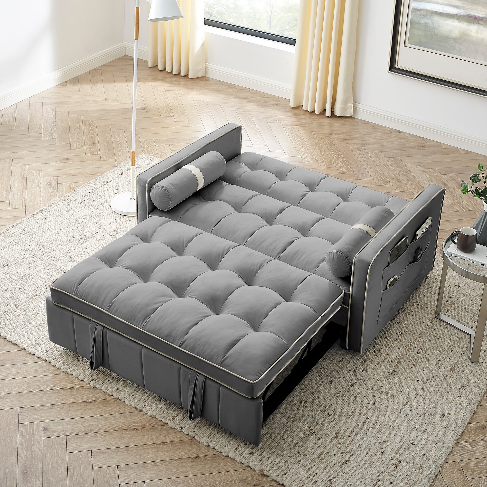 Modern 55.5' Pull Out Sleep Sofa Bed 2 Seater Loveseats Sofa Couch with side pockets, Adjsutable Backrest and Lumbar Pillows for Apartment Office Living Room - Abrihome