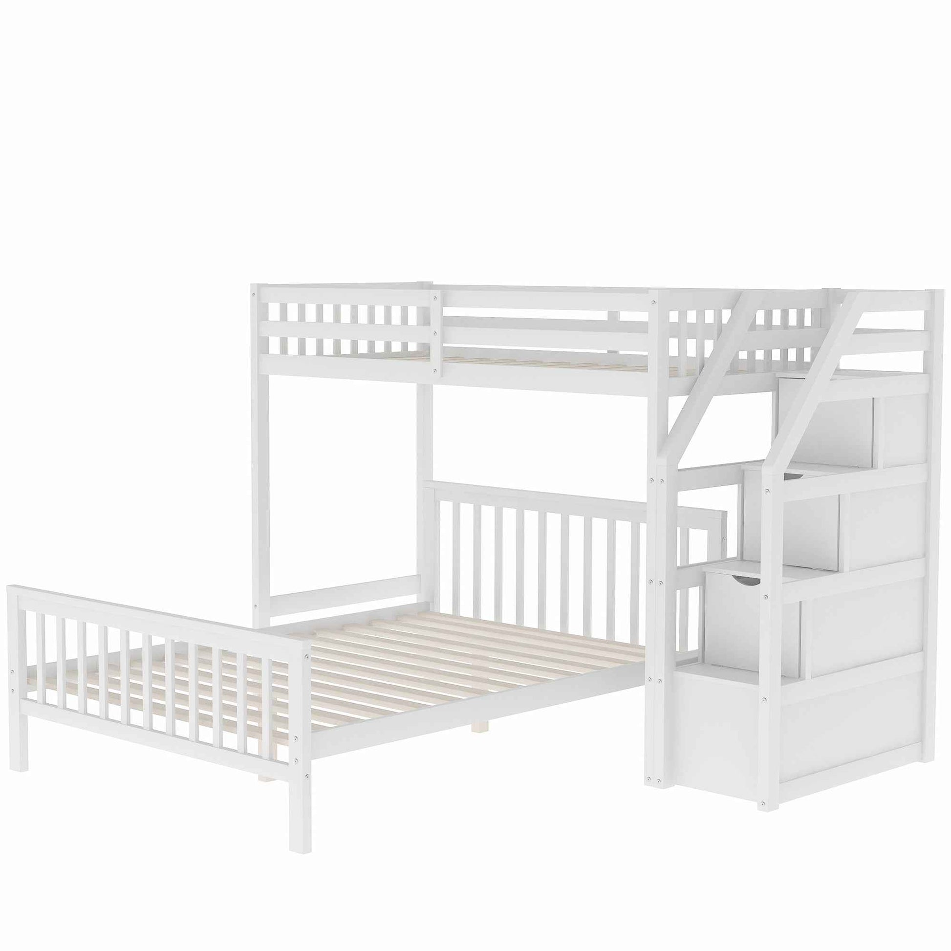 White Twin over Full Loft Bed with Staircase and Storage, Pine Wood + MDF, 97.2''L x 78.4''W x 61.4''H