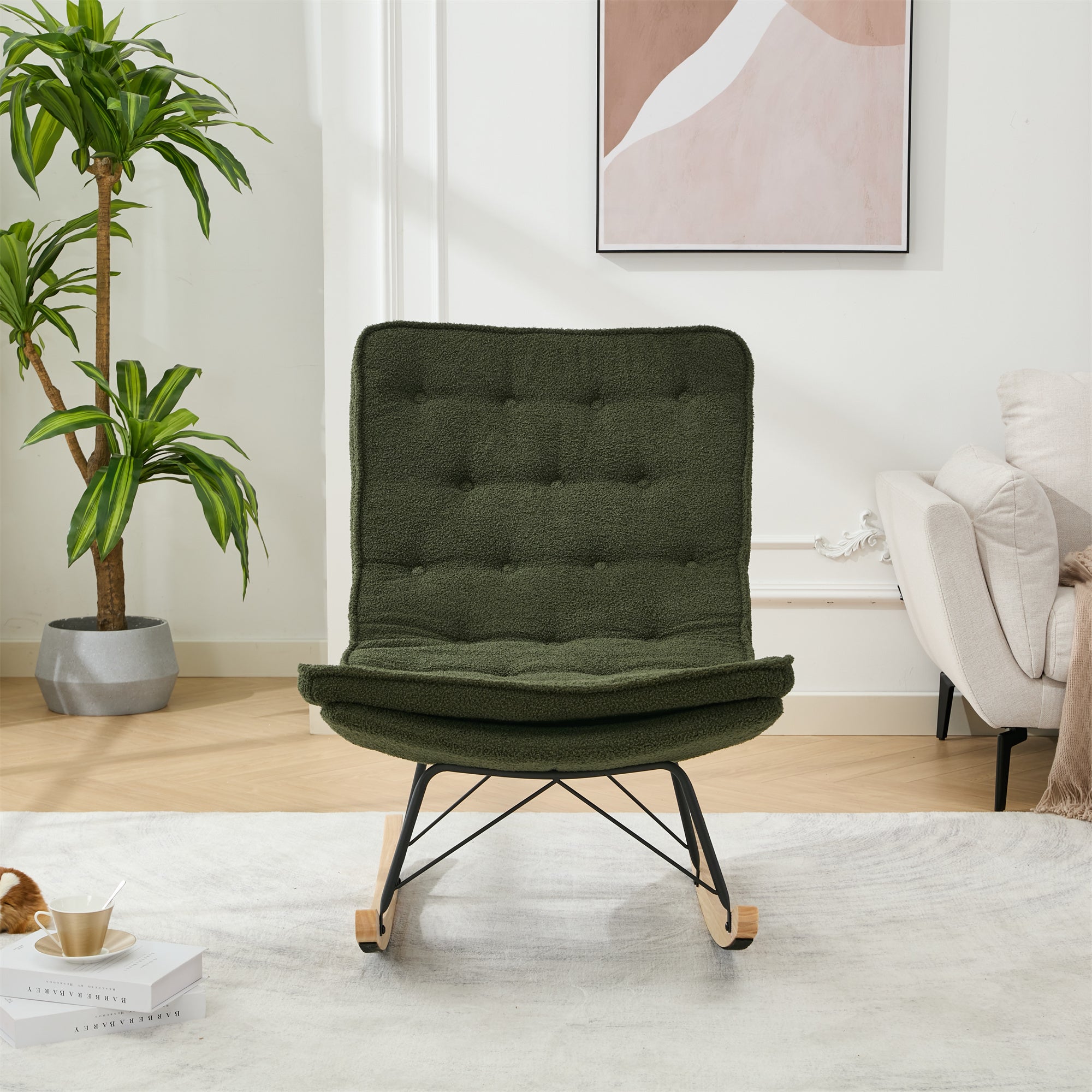 Lazy Rocking Chair,Comfortable Lounge Chair with Wide Backrest and Seat Wood Base, Upholstered Armless Rocker Chair for Living room, Balcony,Bedroom and Patio Porch. (DARK GREEN)