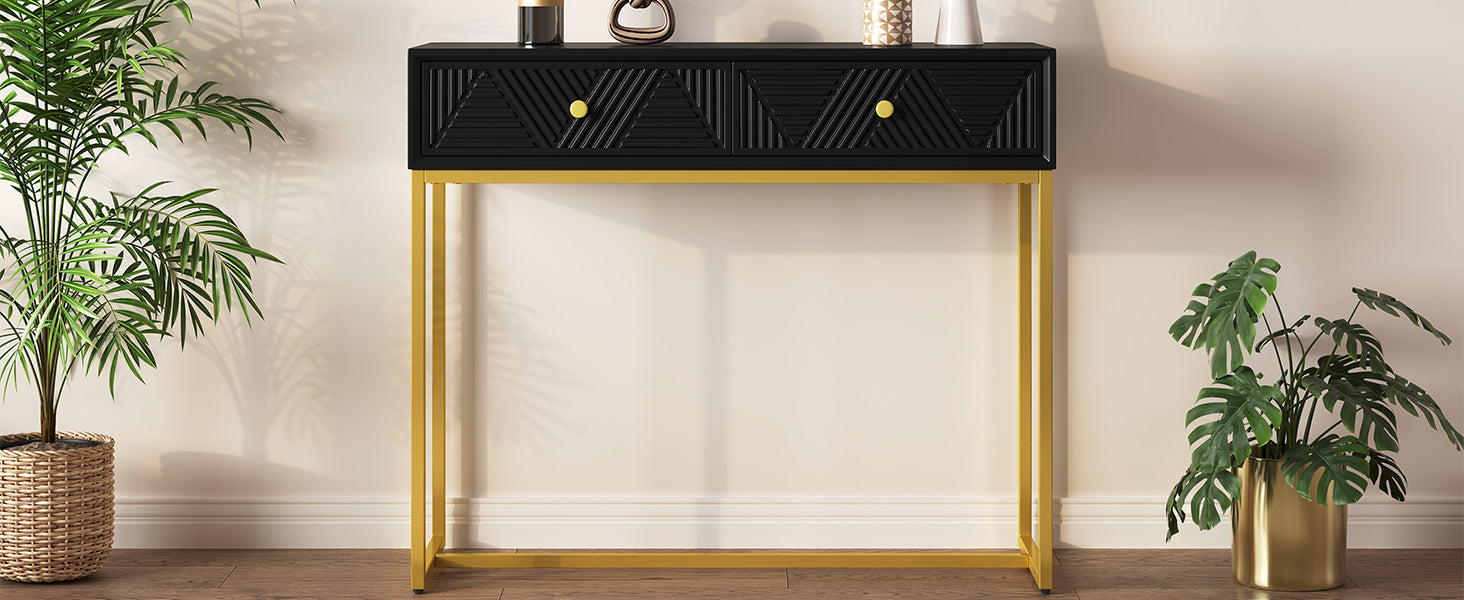 TREXM Modern Sleek Console Table Two Drawers with Stripe Design for Living Room and Entryway (Black)