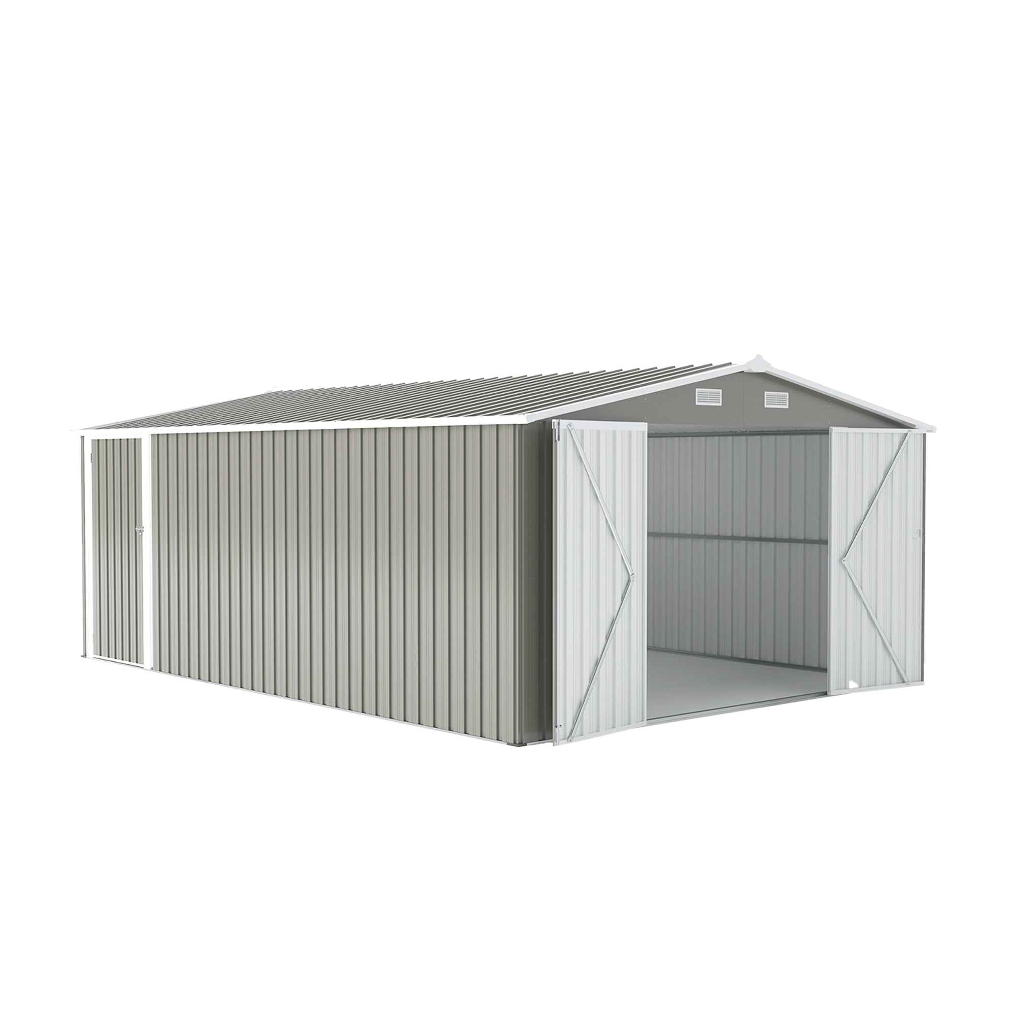 Campcraft  Outdoor Storage Shed 10×14 FT with 3 Lockable Doors,4 Air Vents & Sloped Roof,Utility Tool Shed Metal Storage Garden Sheds  Frame and 4 Vents,for Backyard,Patio,Lawn,Light Grey