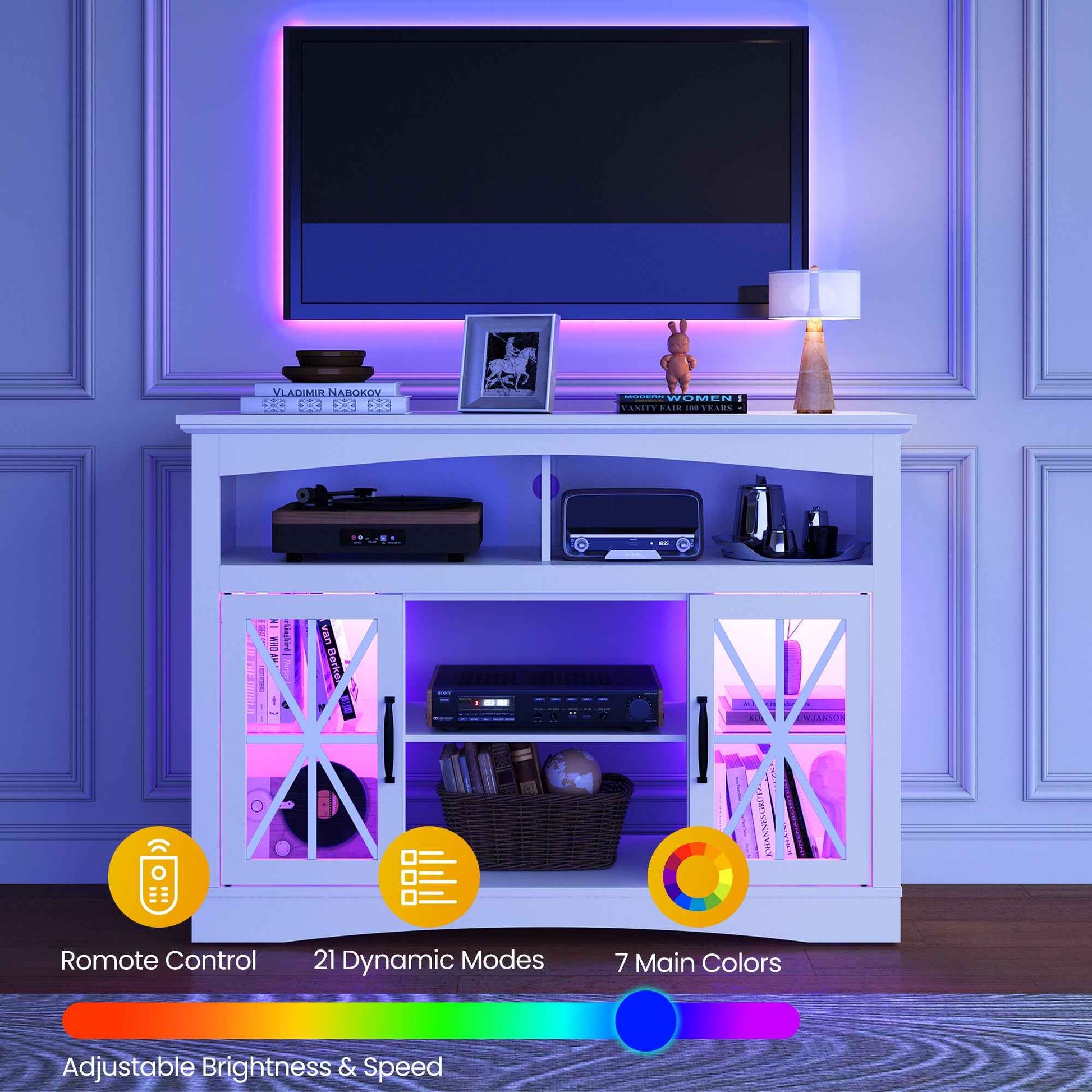 47'' Farmhouse TV Stand with Adjustable Shelves, Retro TV Console with Glass Doors & LED Lights, Media Entertainment Center Storage Cabinet for Living Room, Bedroom, Kitchen, White