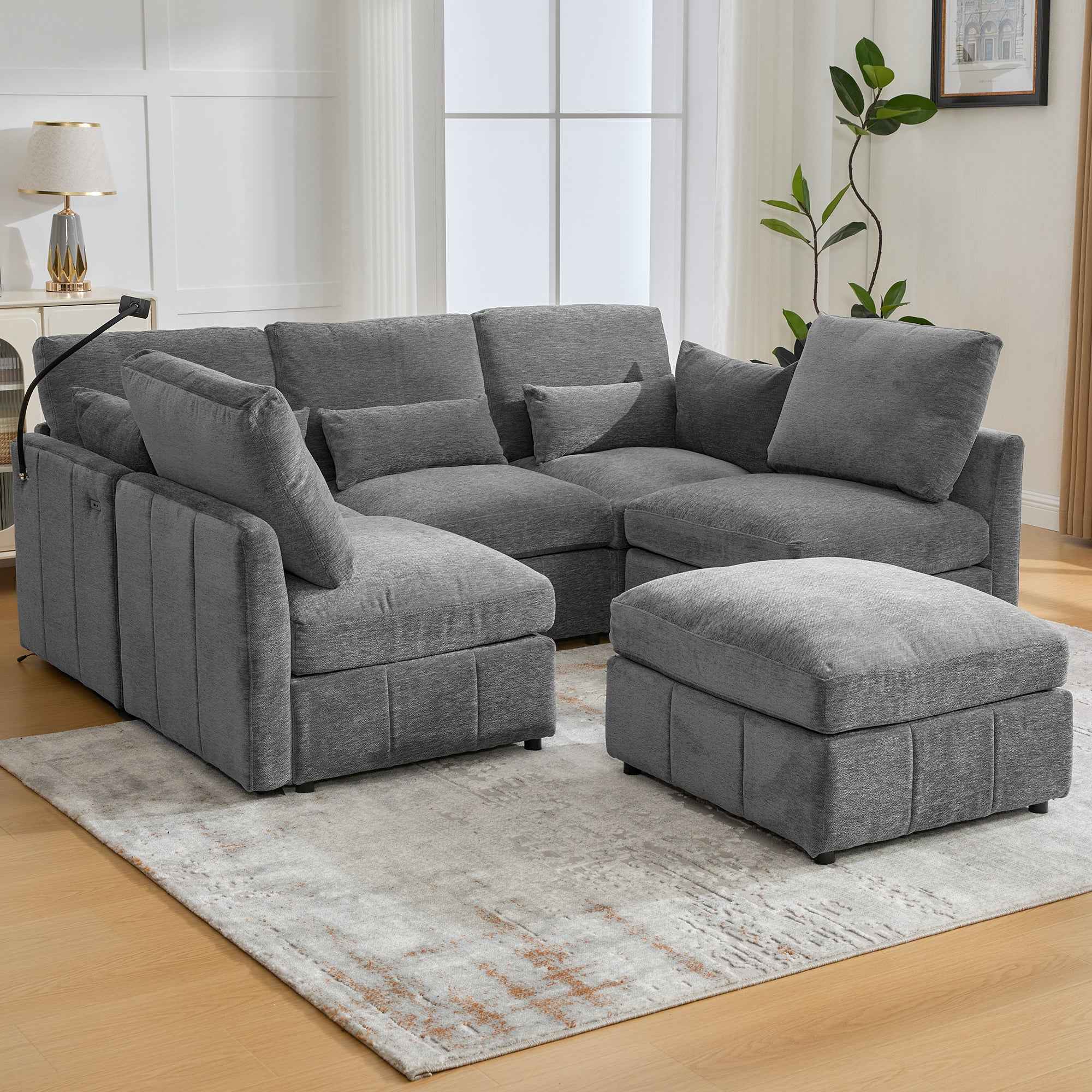 Modern Sectional Sofa Modular Sofa with Movable Ottoman, USB Ports & Phone Holder, Grey Chenille, 85.4'
